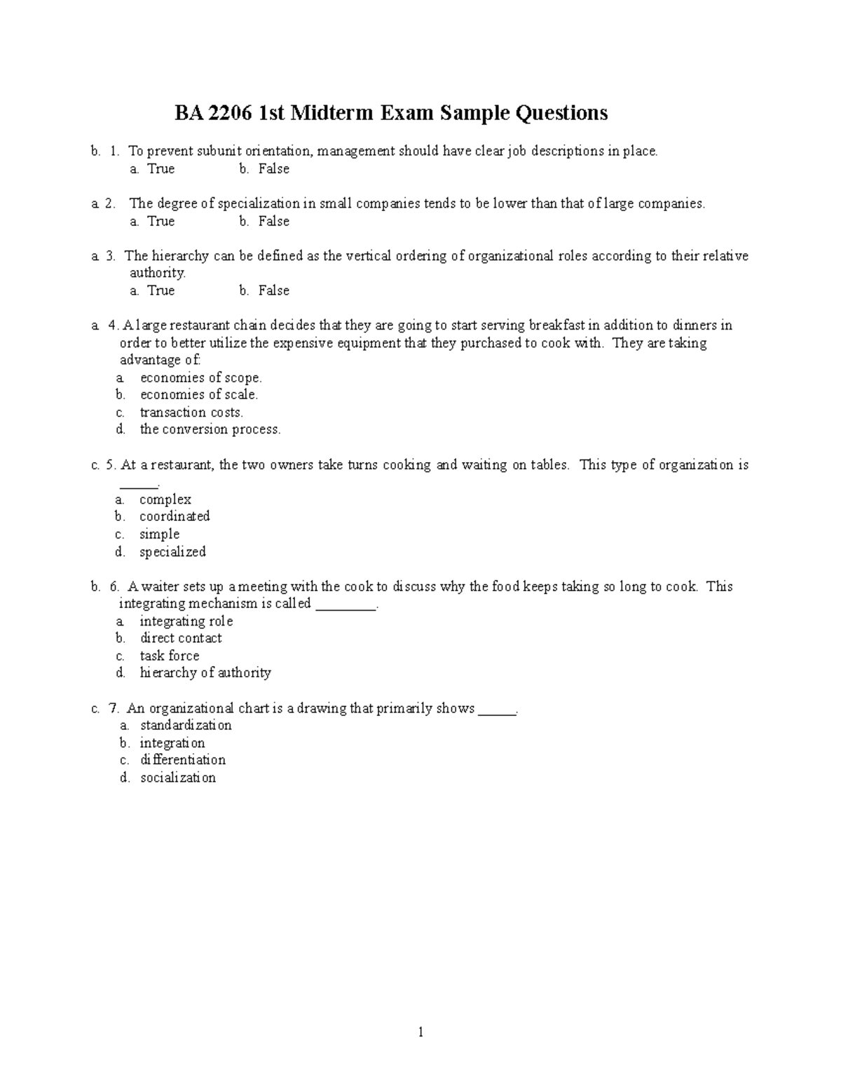 BA 2206 Midterm Exam Sample Questions - Practice Set - Studocu