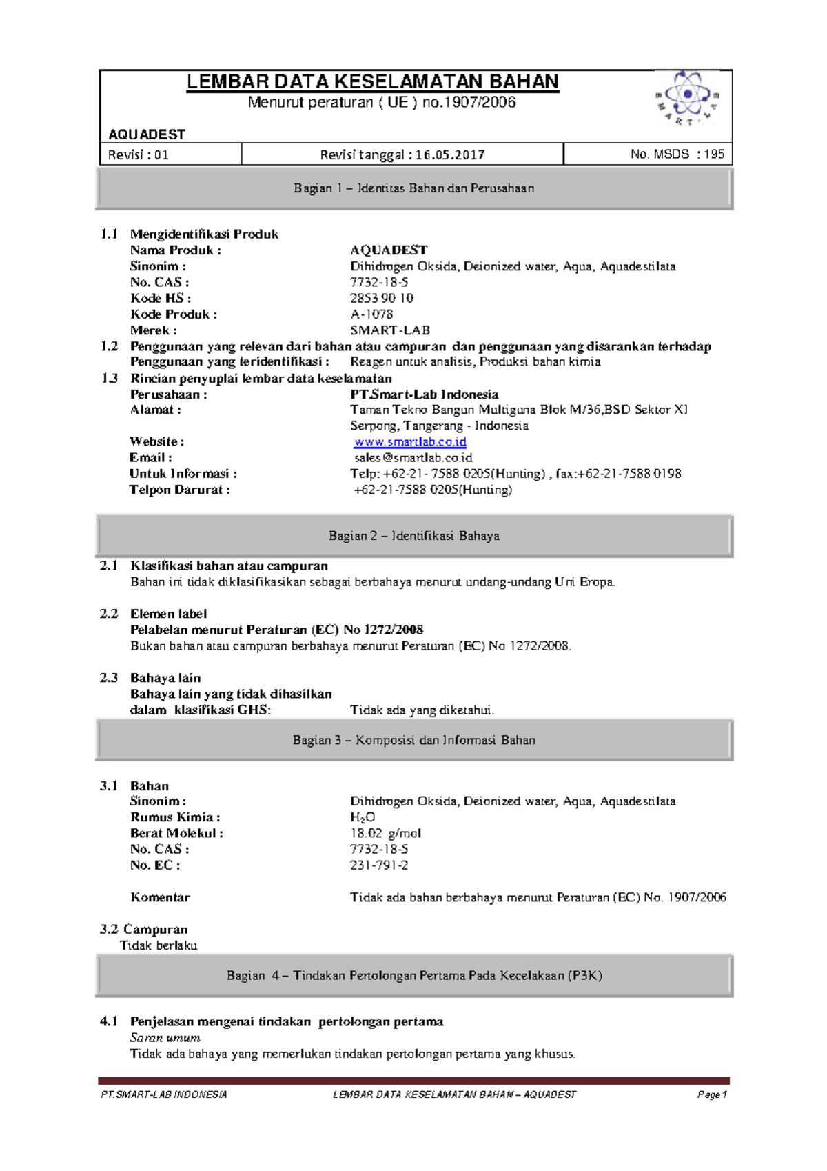 MSDS AQUADEST 195: Identifikasi dan Informasi Keamanan Bahan - Document Preview