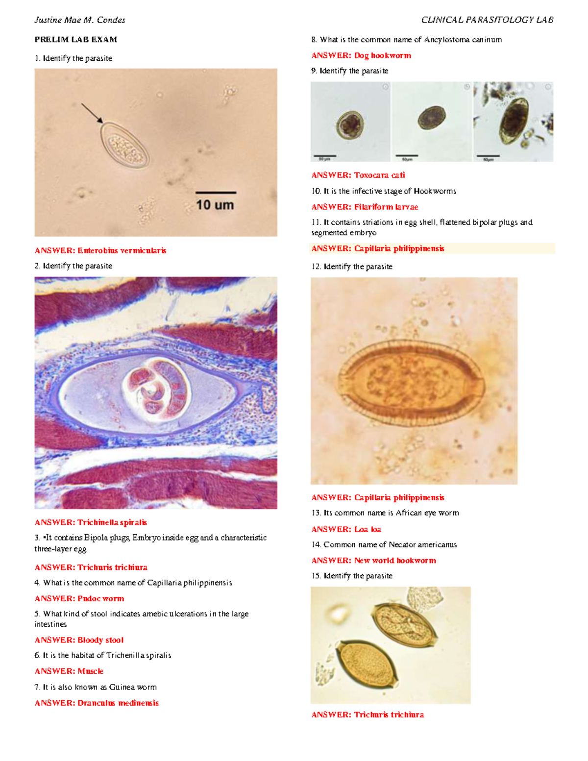 CLINICAL PARASITOLOGY LAB PRELIM EXAM NOTES by Justine Mae M. Condes ...
