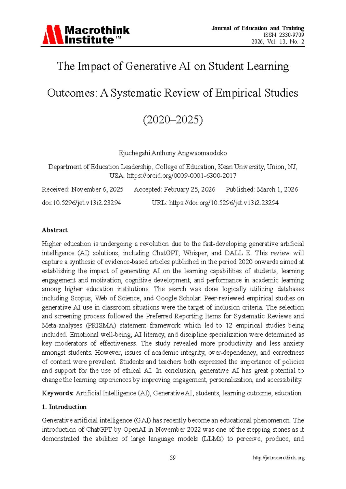 The Impact of Generative AI on Student Learning Outcomes: A Systematic ...