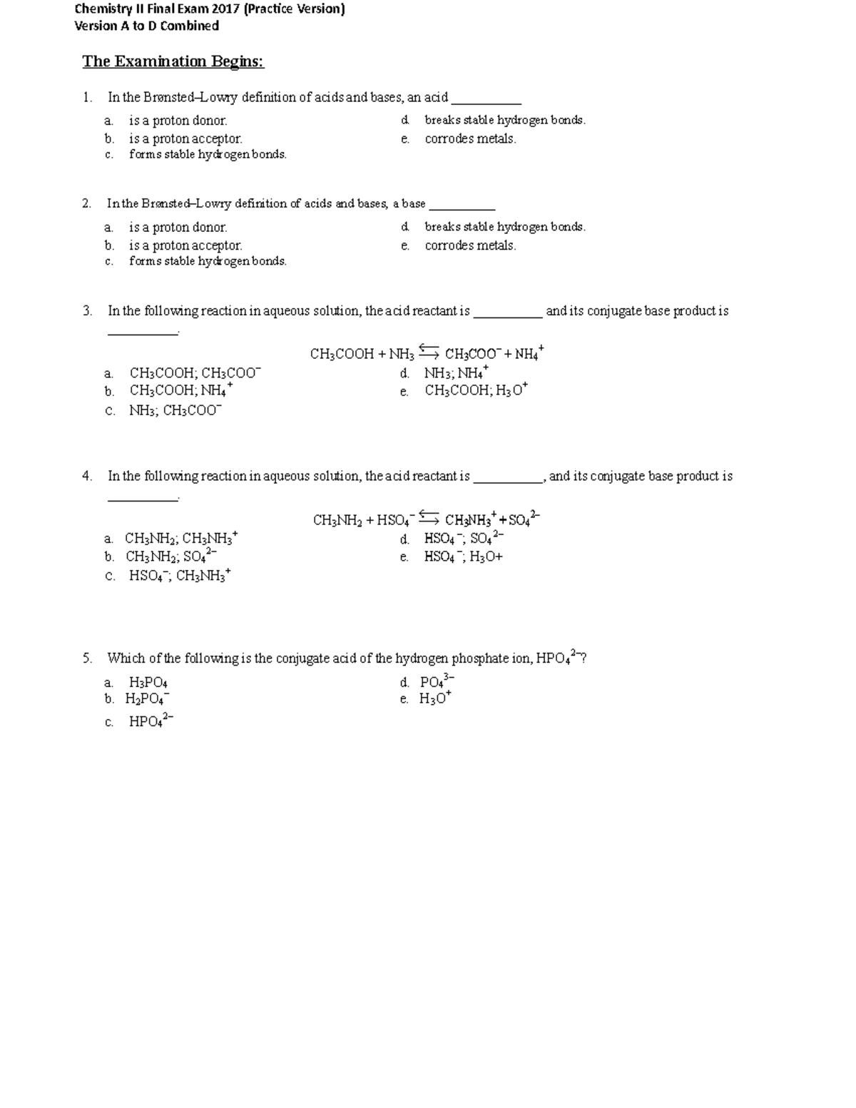 Chemistry II Final Exam Review (2017) - Practice Questions Version A-D ...