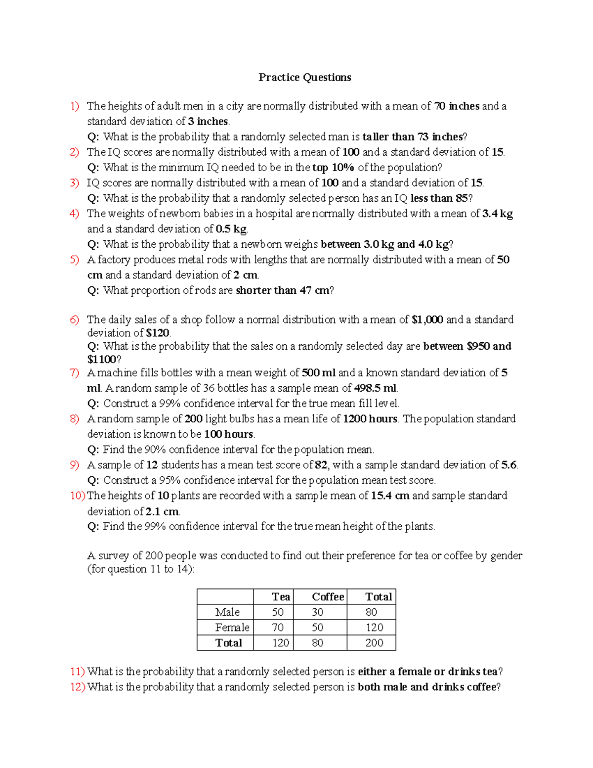 Practice Questions on Normal Distribution and Confidence Intervals ...