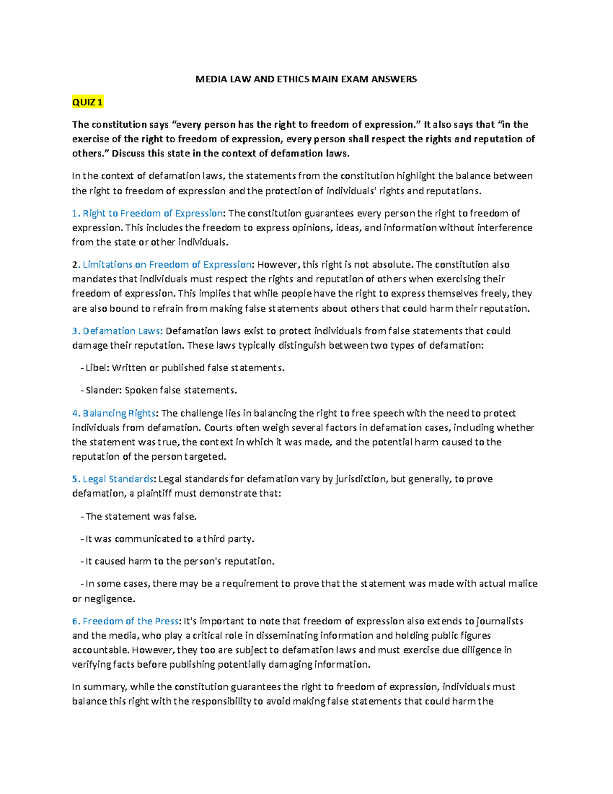 MEDIA LAW AND ETHICS MAIN EXAM ANSWERS: A Comprehensive Overview - Studocu