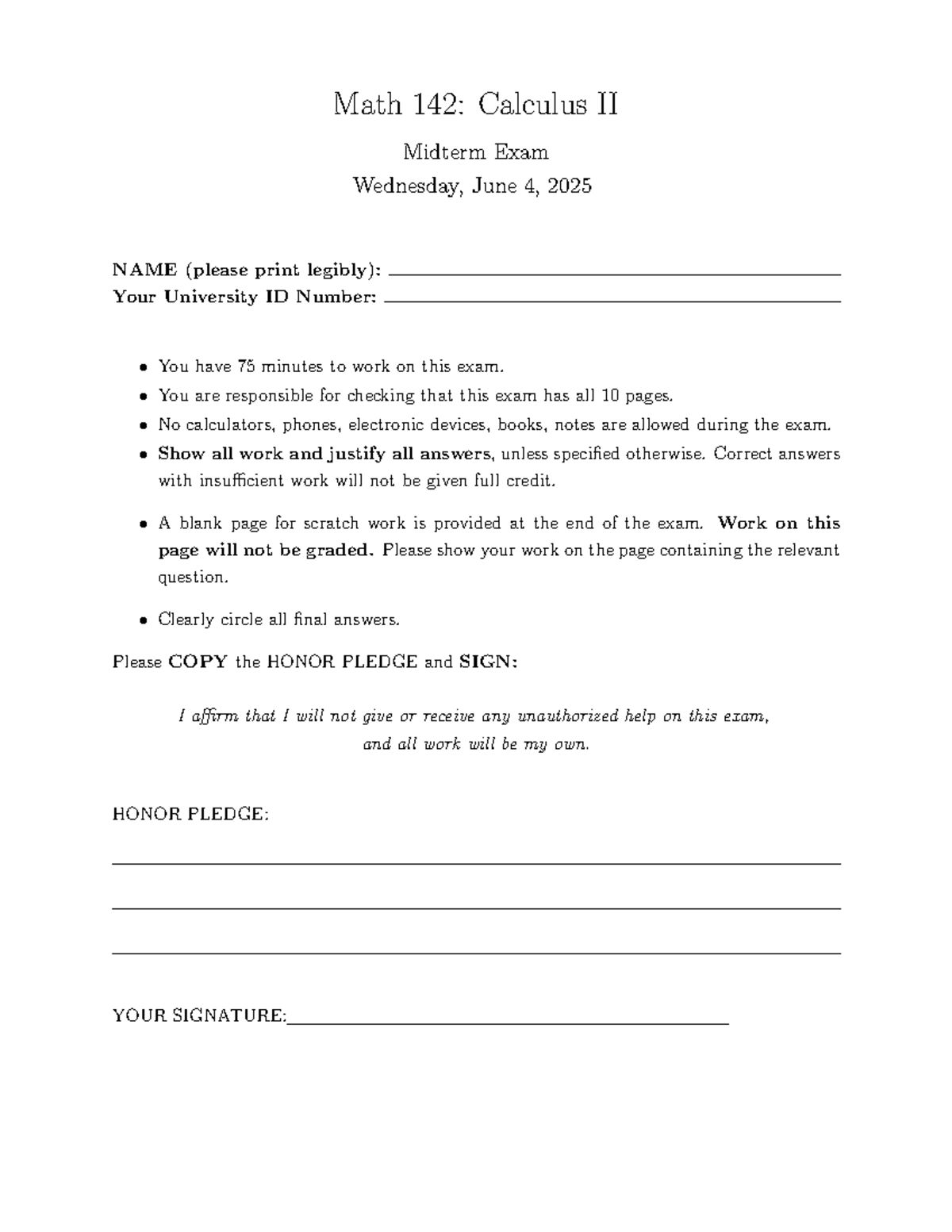 Math 142: Calculus II Midterm Exam Practice - June 4, 2025 - Studocu