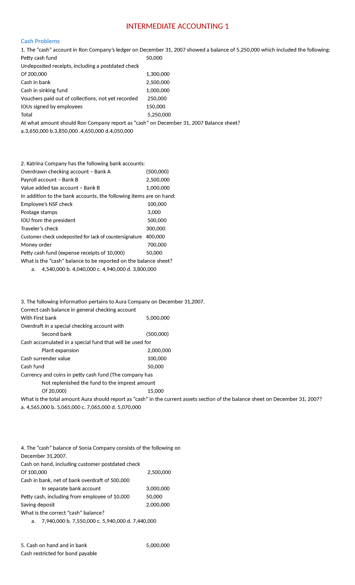 INTERMEDIATE ACCOUNTING 1 Cash Problems Review and Solutions - Studocu