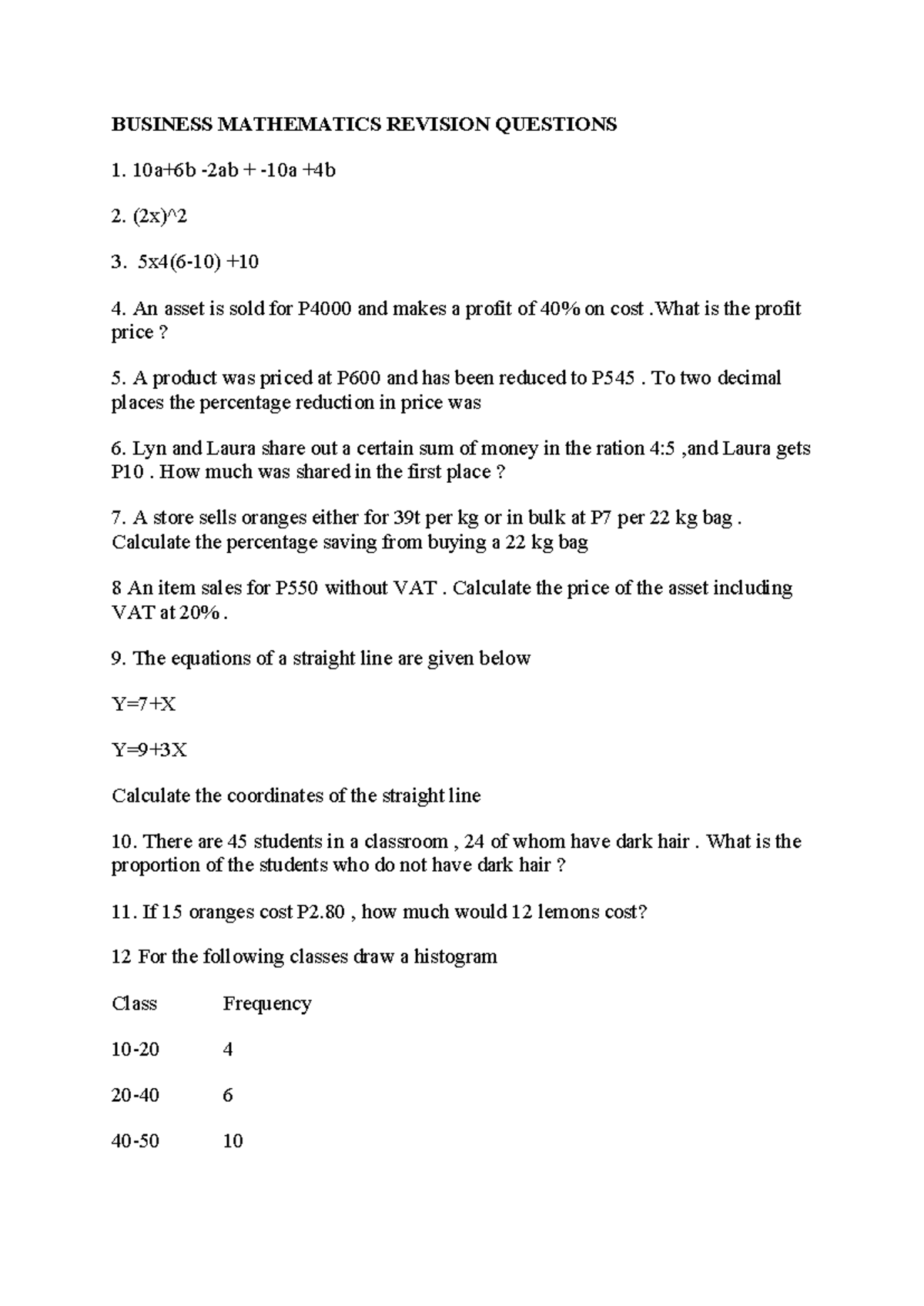 Revision questions - Business maths - BUSINESS MATHEMATICS REVISION ...