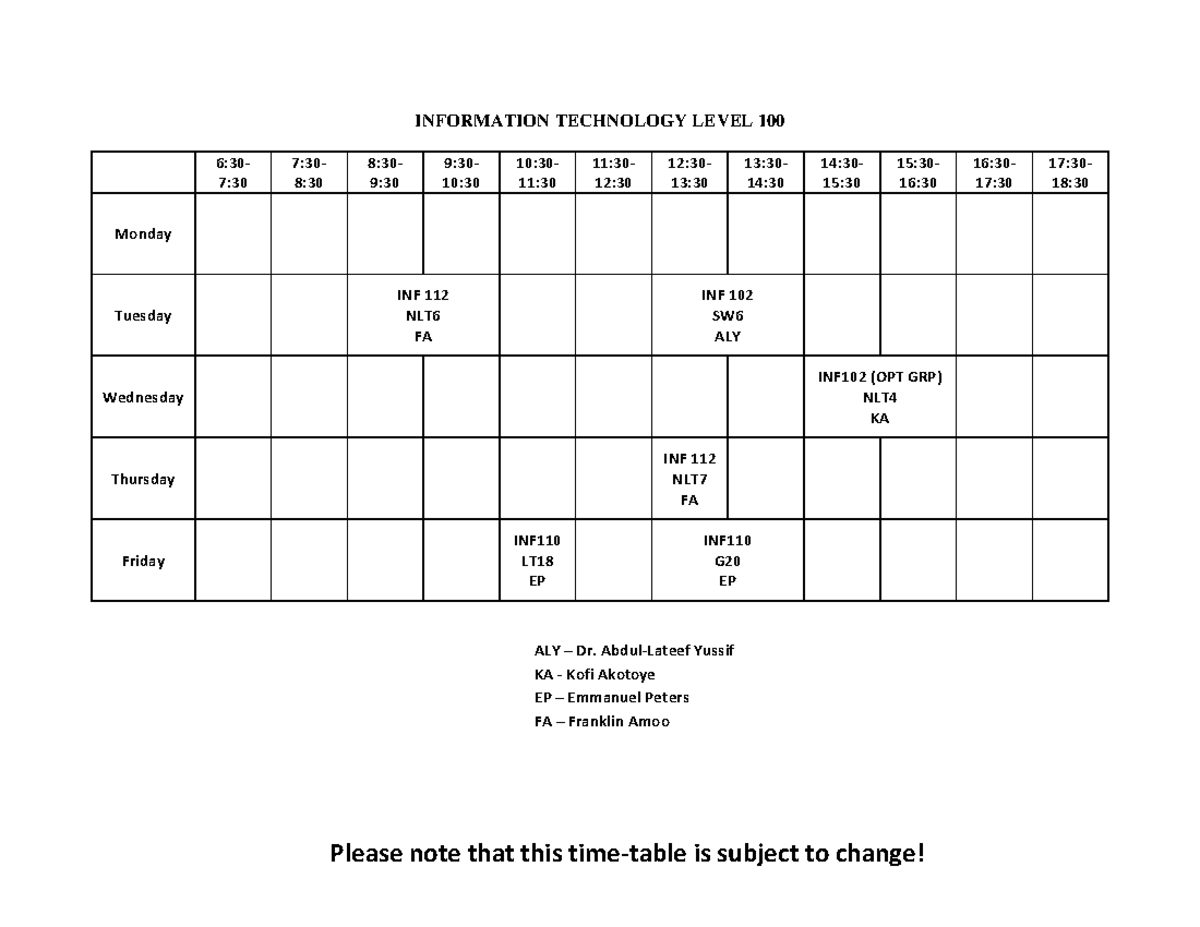 IT Teaching Timetable - Important Notes for Students - Studocu