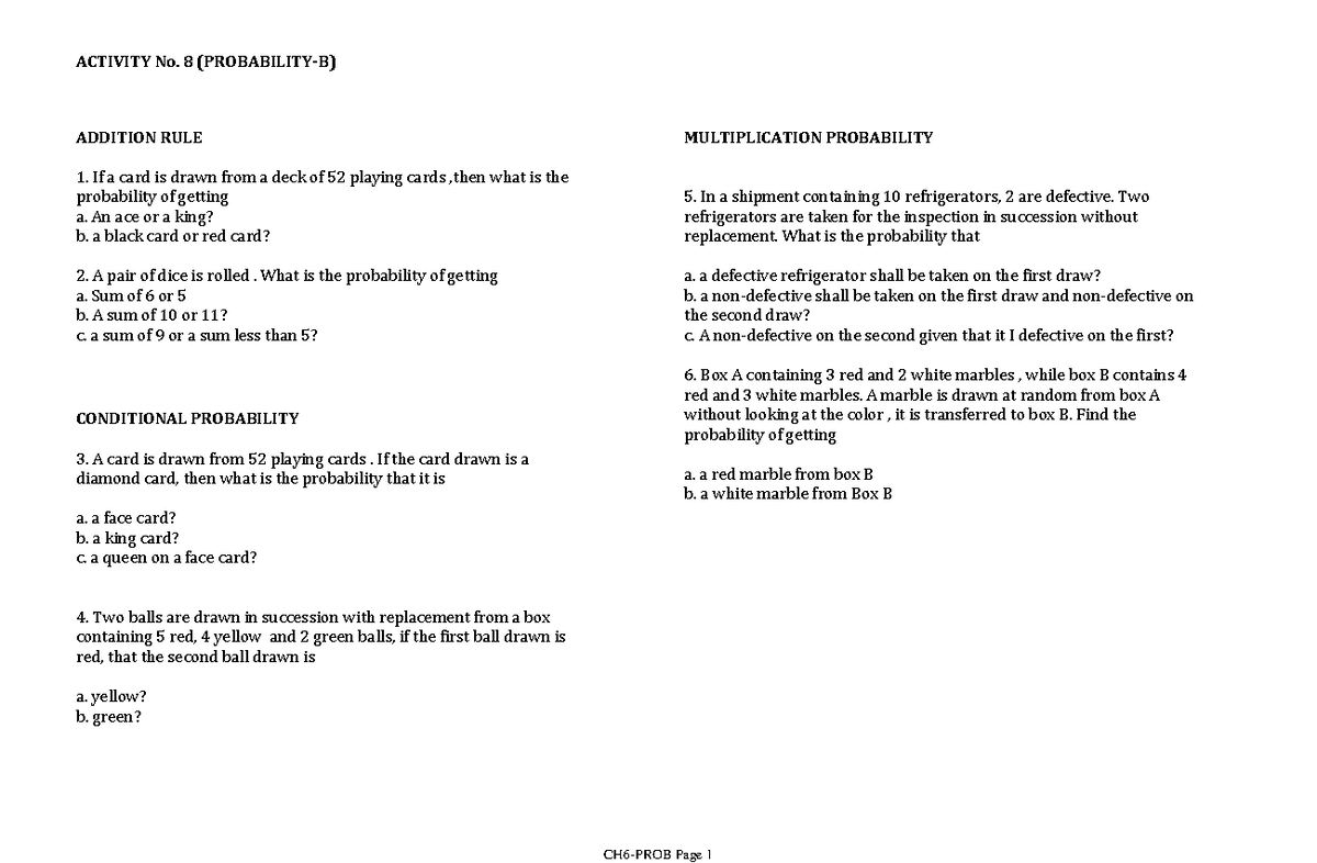 Activity No. 8: Probability Concepts and Exercises (Probability-B ...