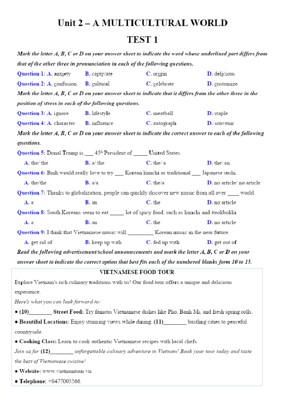 Unit 2 A MULTICULTURAL WORLD Test Review - GB12 - Studocu