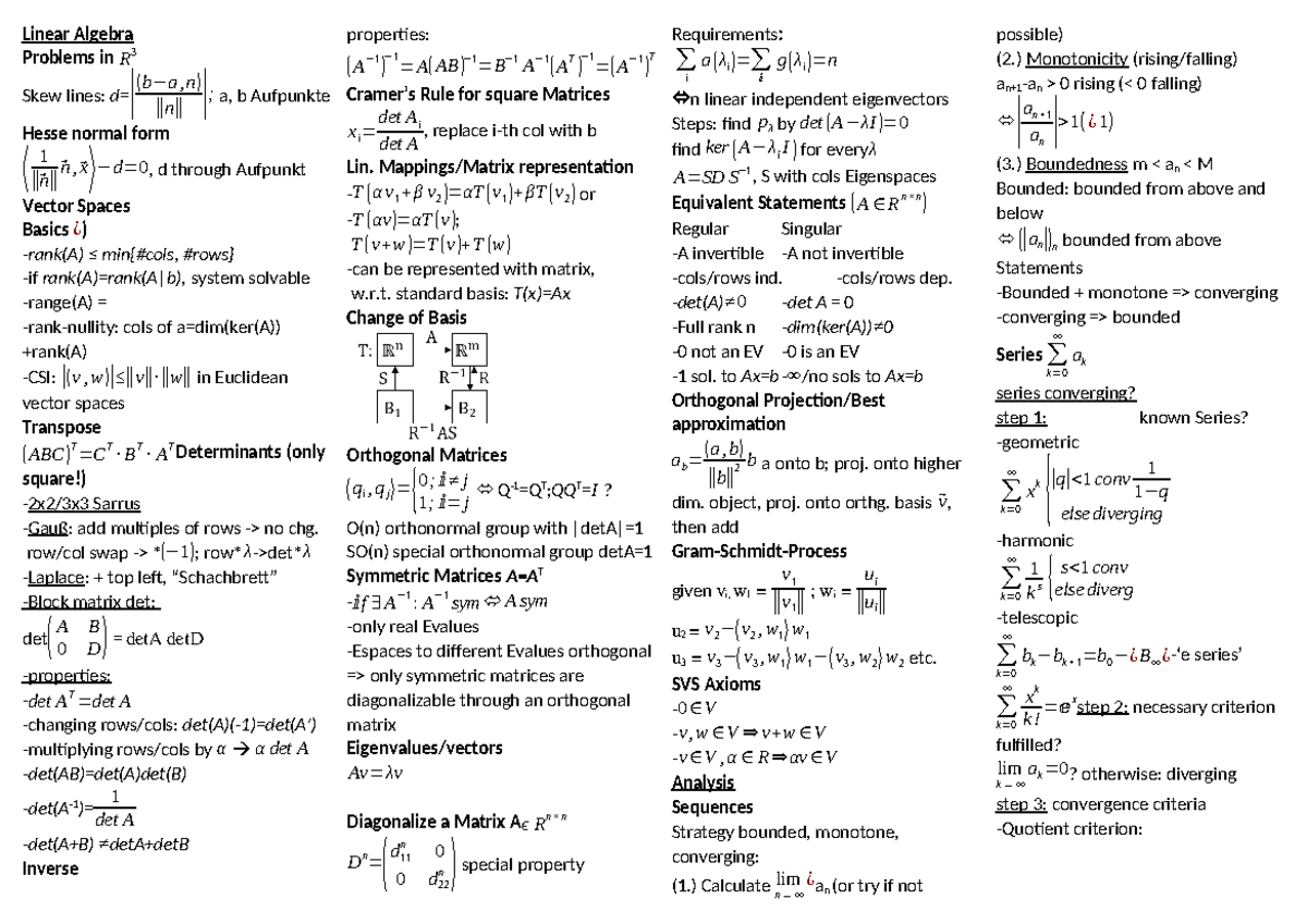 Mathe 1 Final Exam Cheat Sheet: Linear Algebra Basics - Studocu