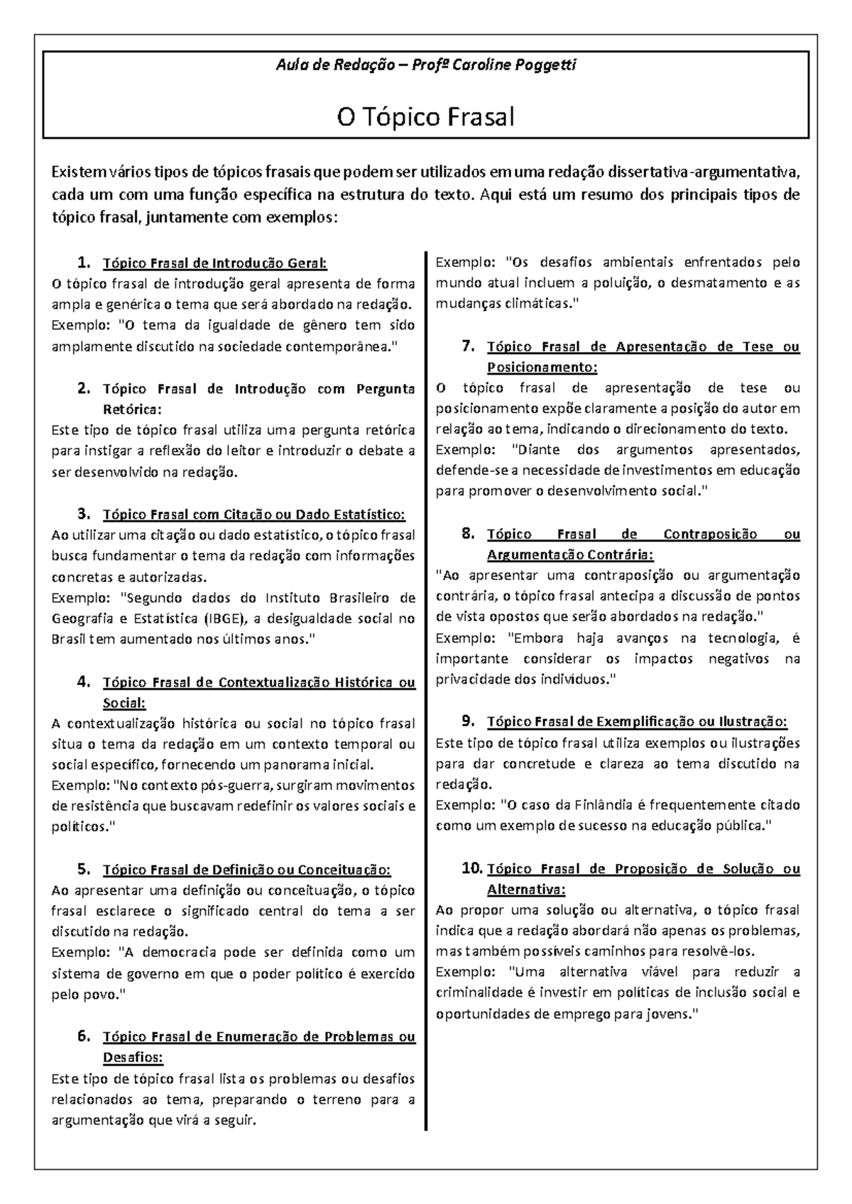 Aula de Redação: Tópicos Frasais e Exercícios - Profª Caroline Poggetti ...