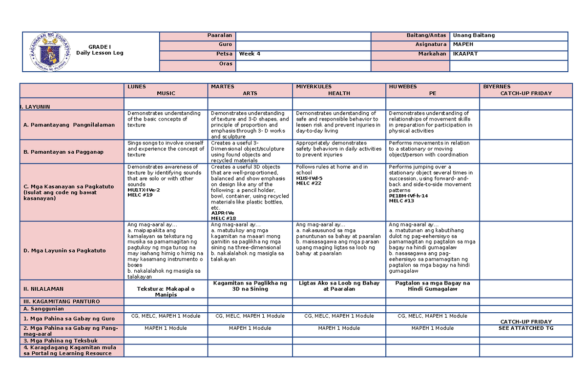 W4 Q4 MAPEH 1 Daily Lesson Log for Grade I - 3D Arts and Music - Studocu