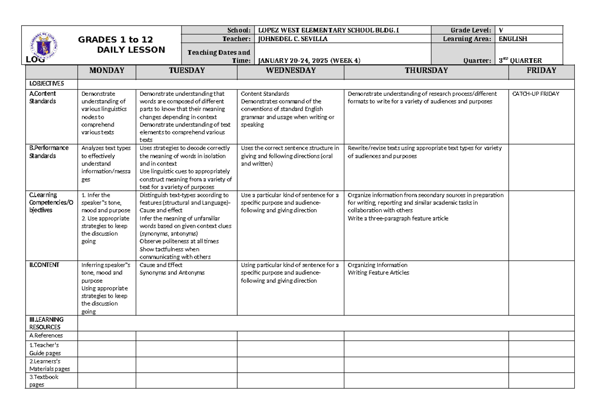 DLL English 5 Q3 W4 - GRADES 1 to 12 DAILY LESSON LOG School: LOPEZ ...