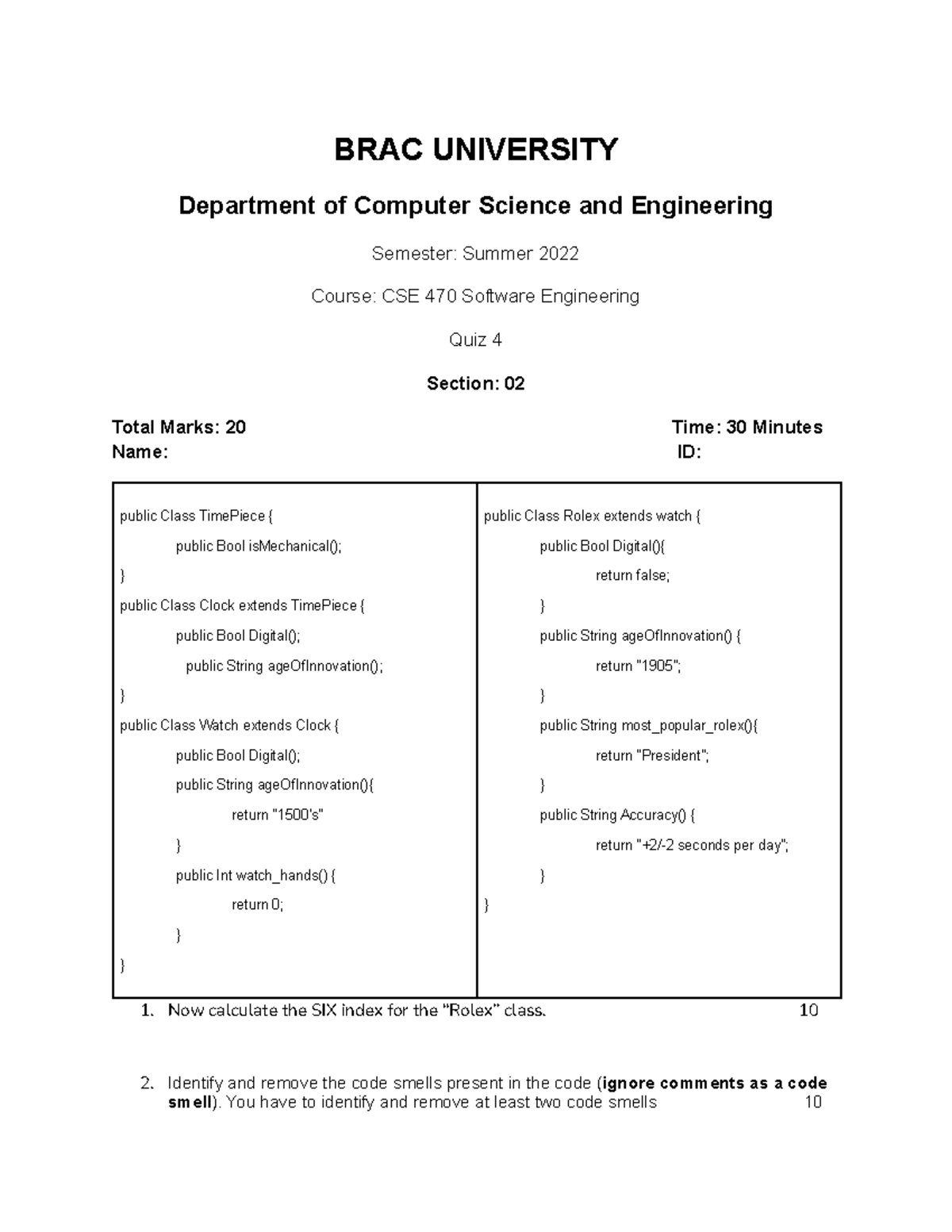 CSE470 Quiz 4 Sec 02 v1 - BRAC UNIVERSITY Department of Computer ...