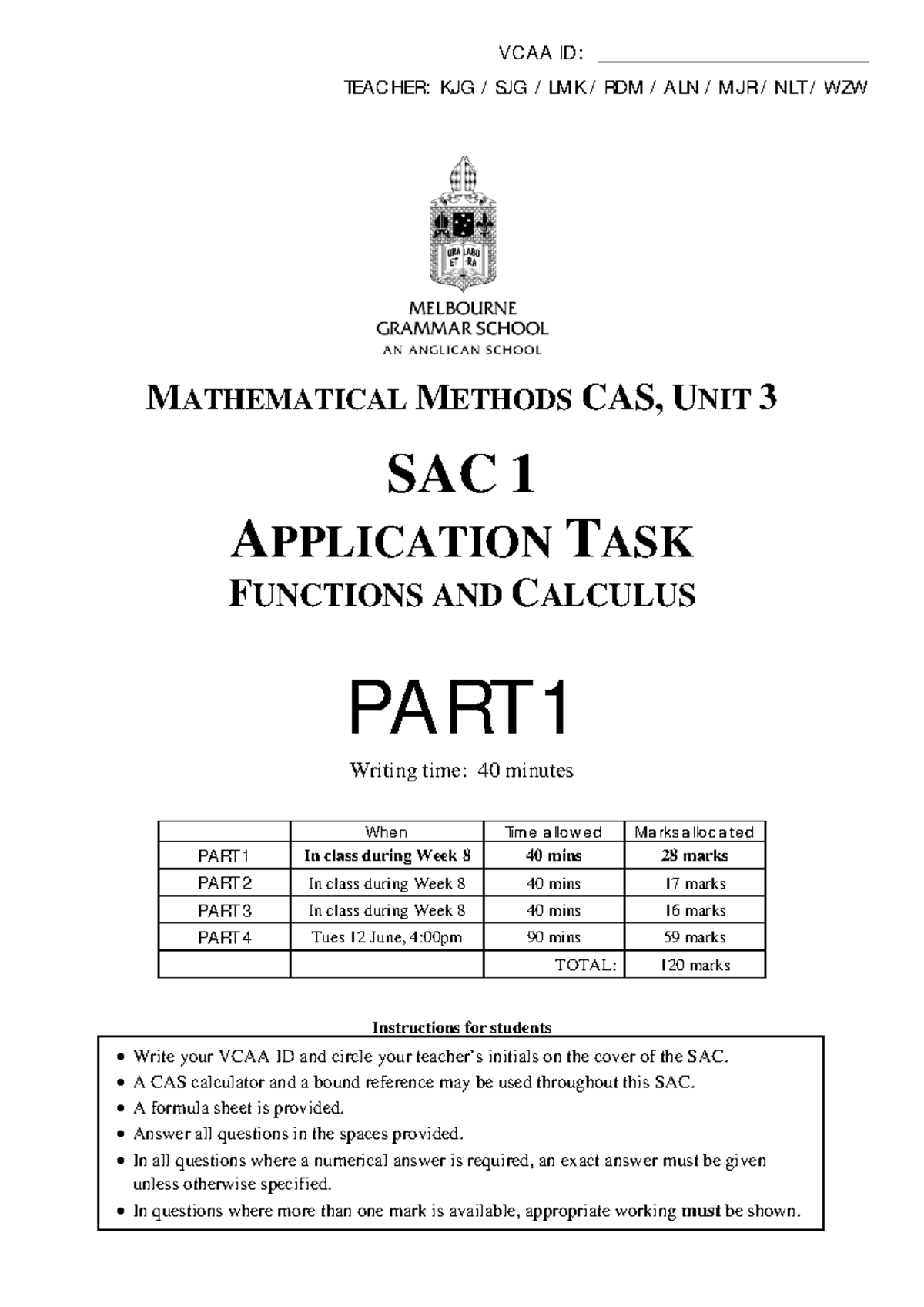 Mathematical Methods CAS, Unit 3 SAC 1 Application Task Functions ...