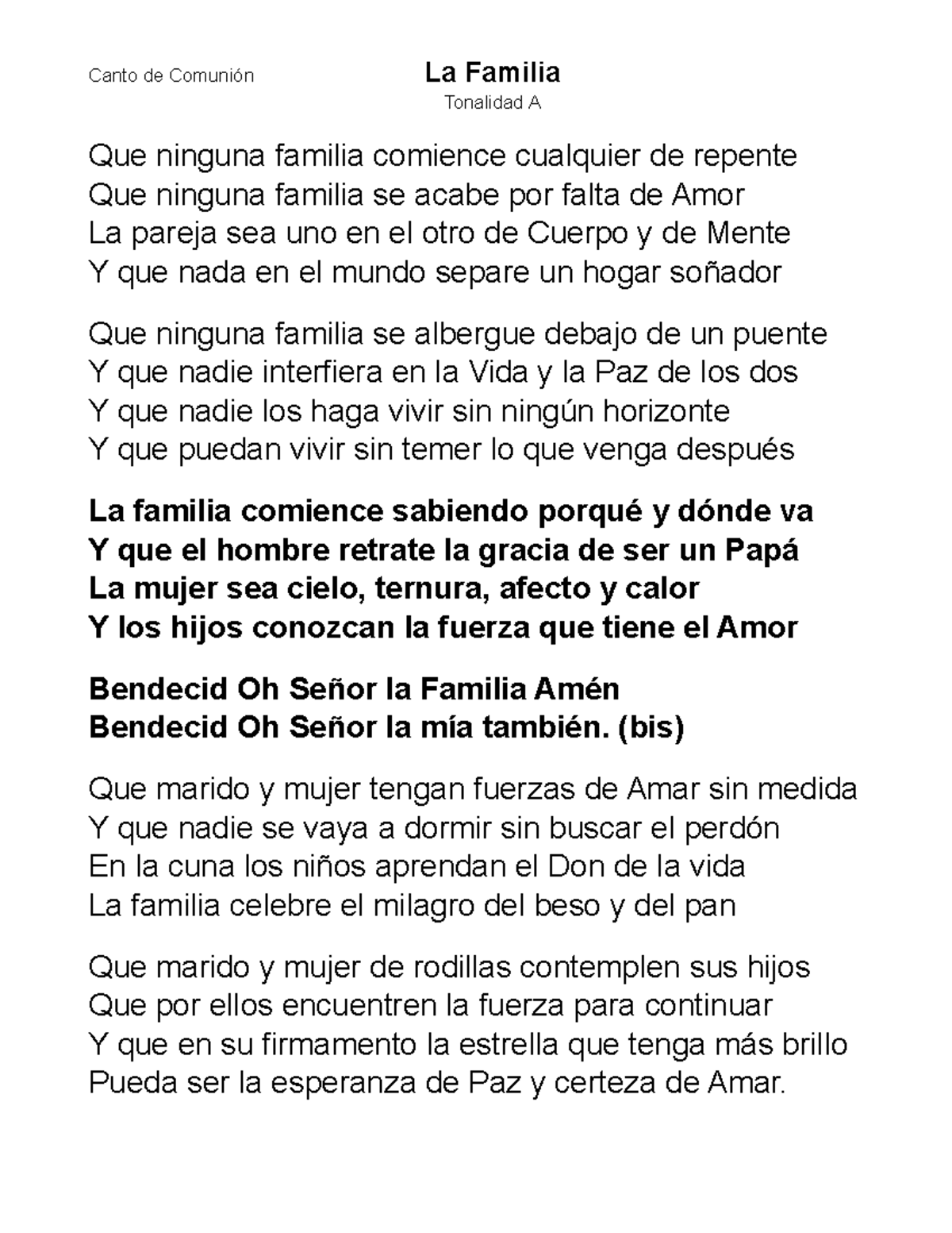 Canto de Comunión: Reflexiones sobre la Familia y el Amor - Studocu