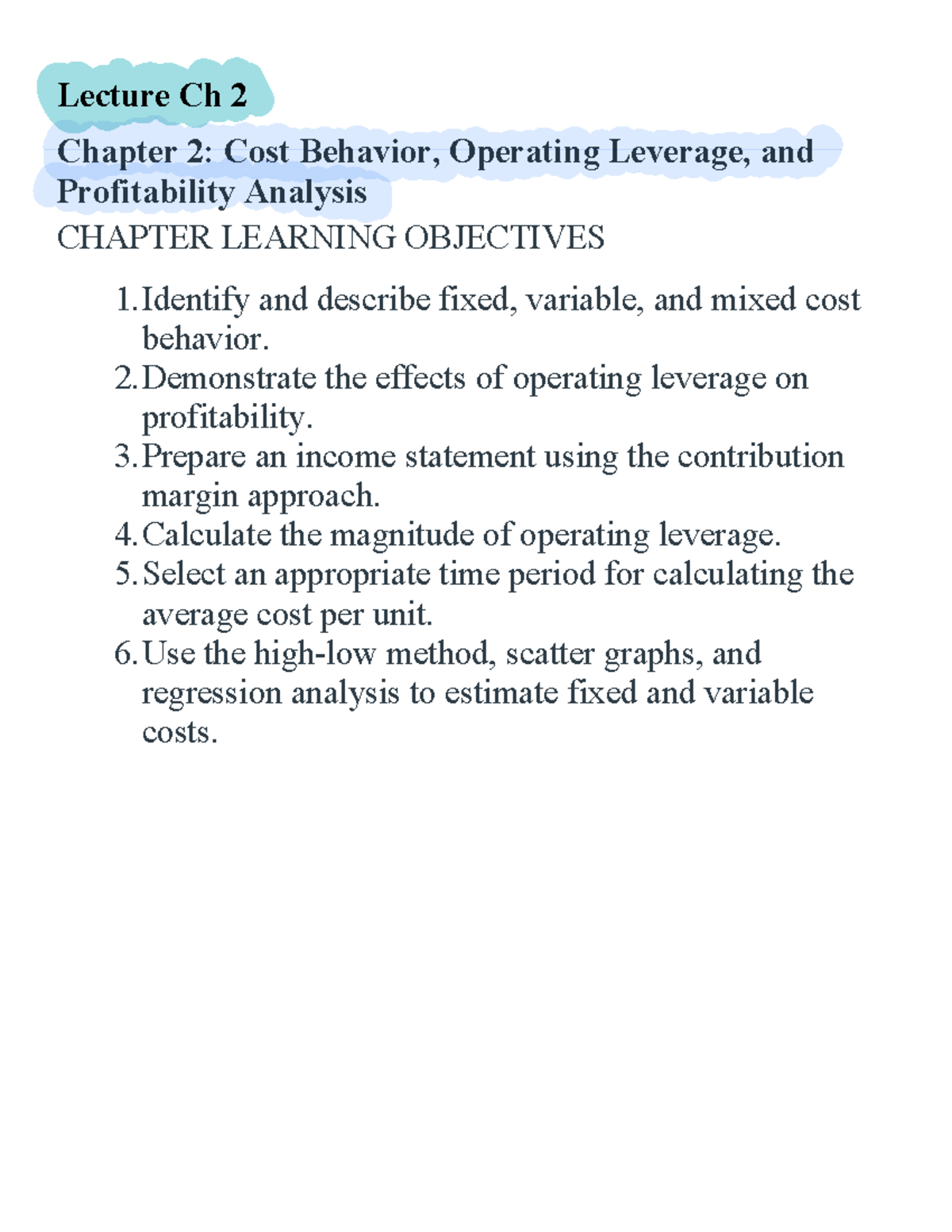 ACCT 2220 Ch.2 Cost Behavior - Lecture Ch 2 Chapter 2: Cost Behavior ...