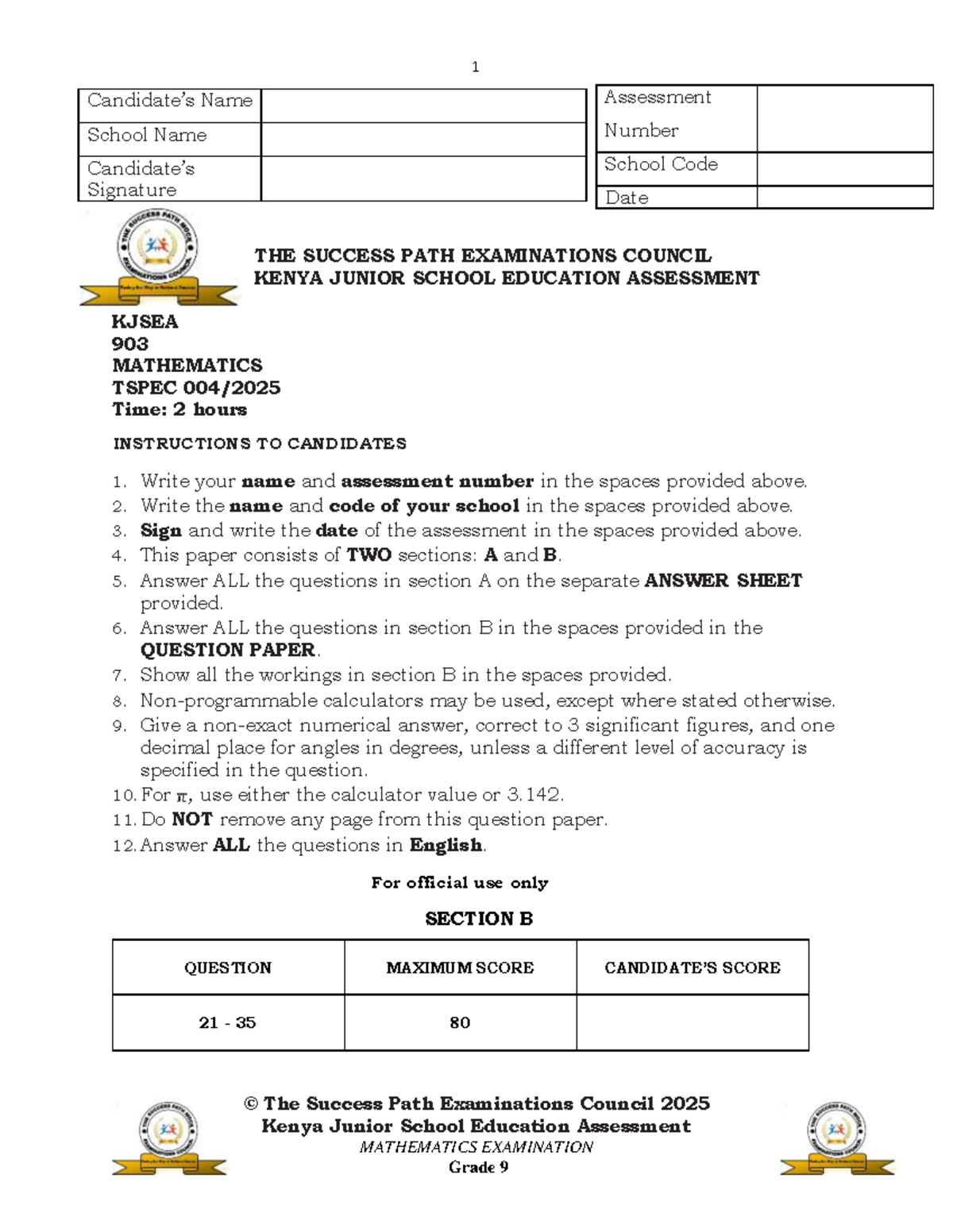 G9 MAT 004 - Grade 9 Mathematics Examination Paper - Studocu