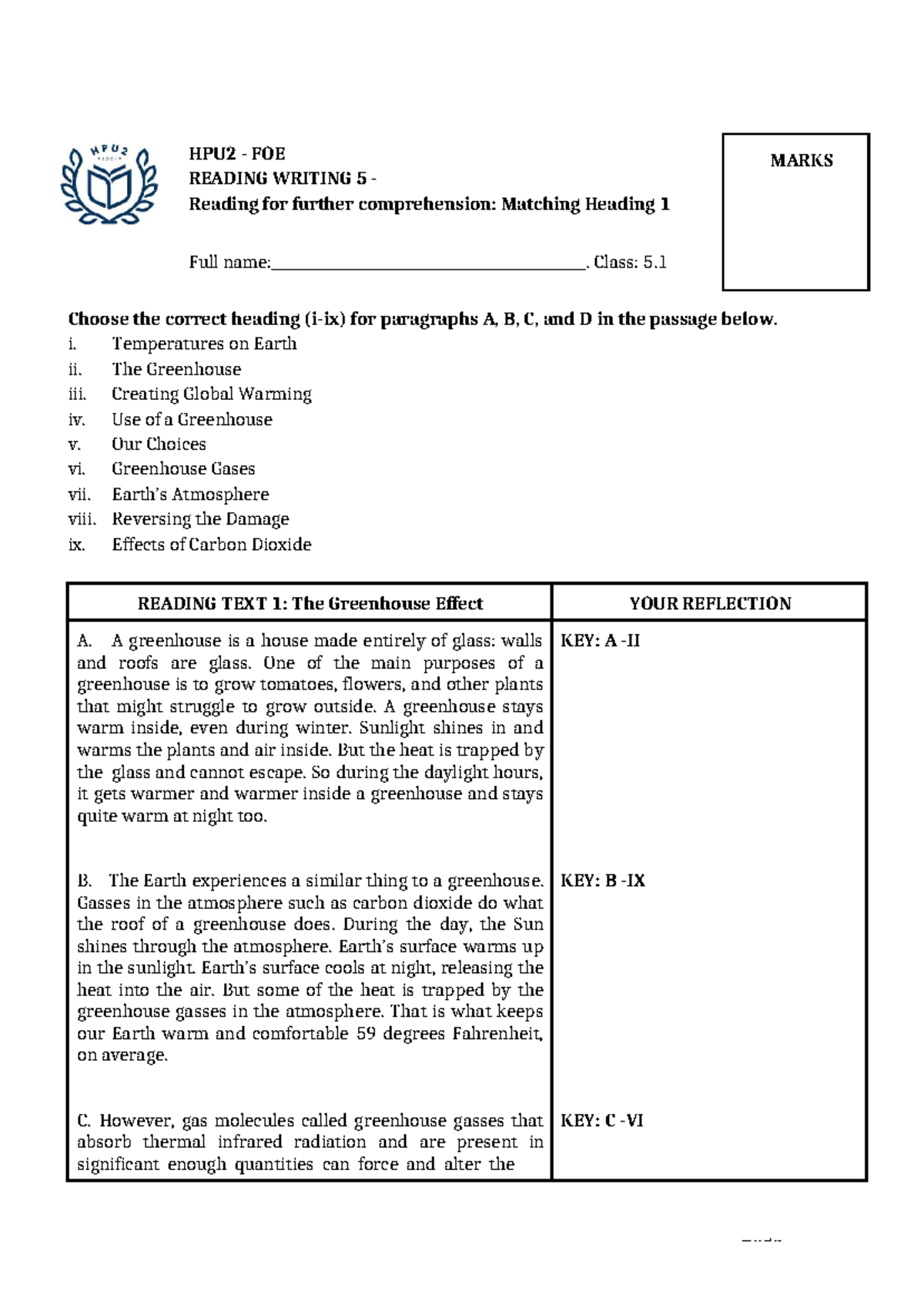 RW5 - Week 11 - Matching Headings for The Greenhouse Effect - Studocu