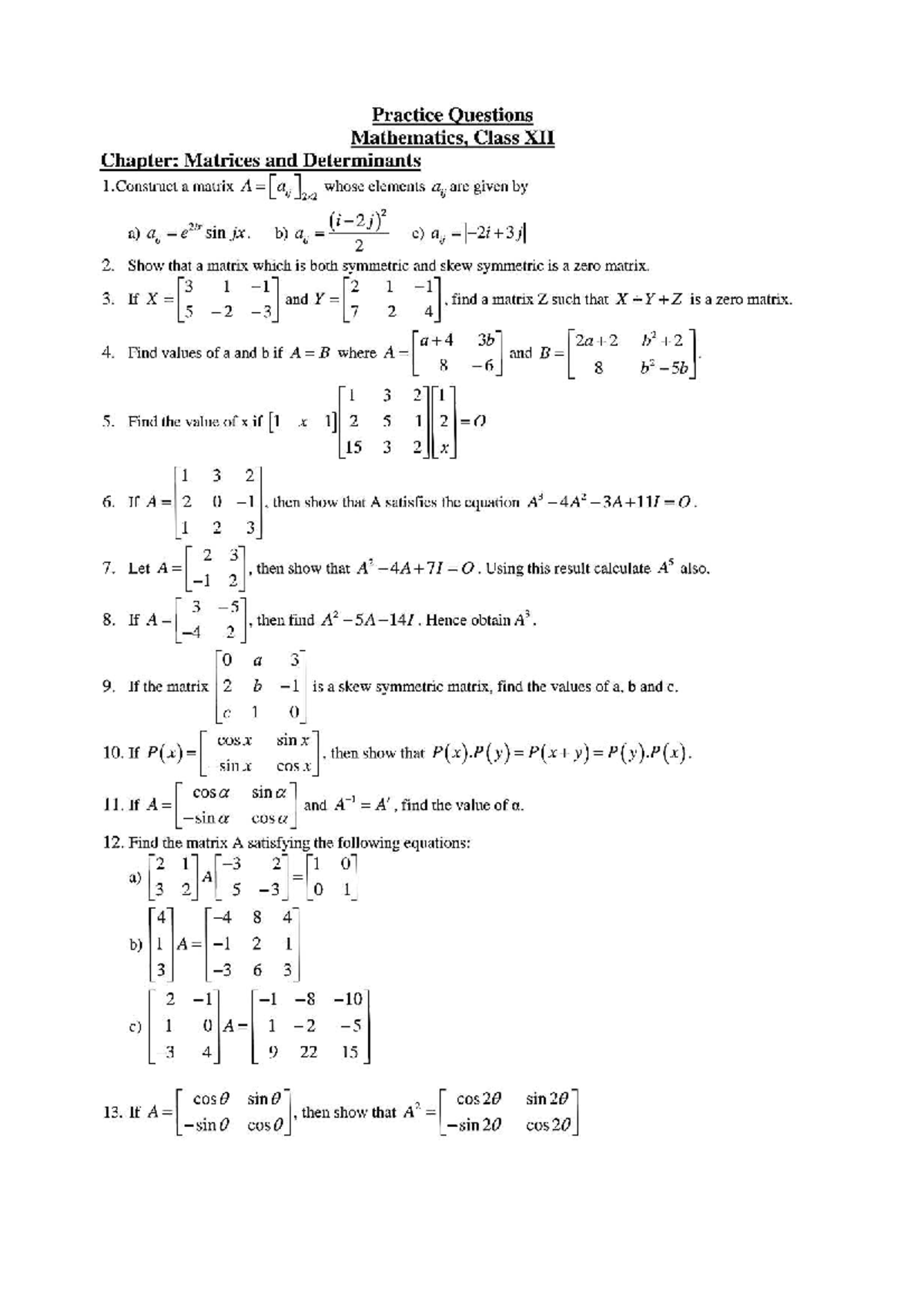 Mathematics Class XII Practice Questions: Matrices & Determinants - Studocu