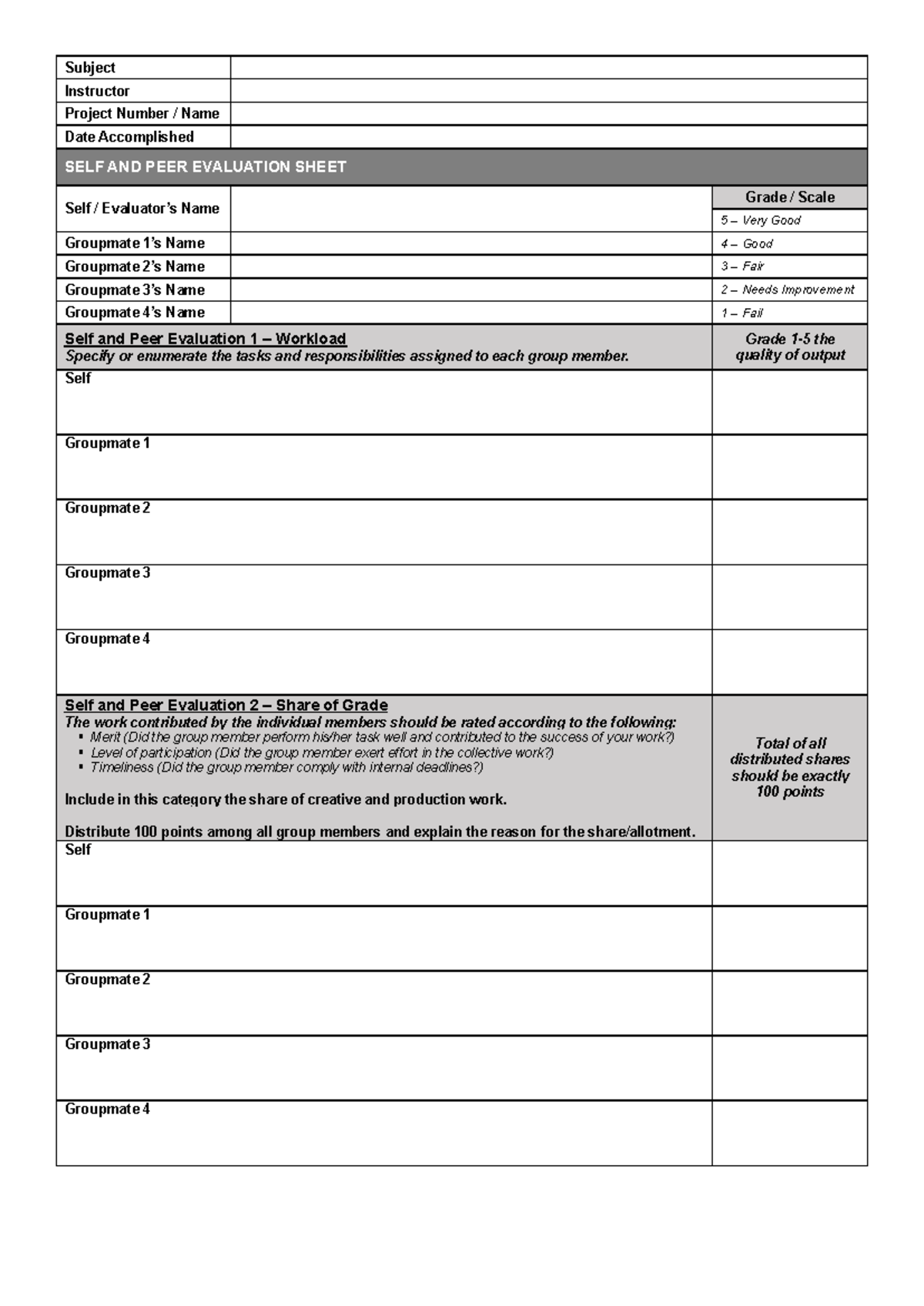 Self & Peer Evaluation Form - Subject Instructor Project Number / Name ...