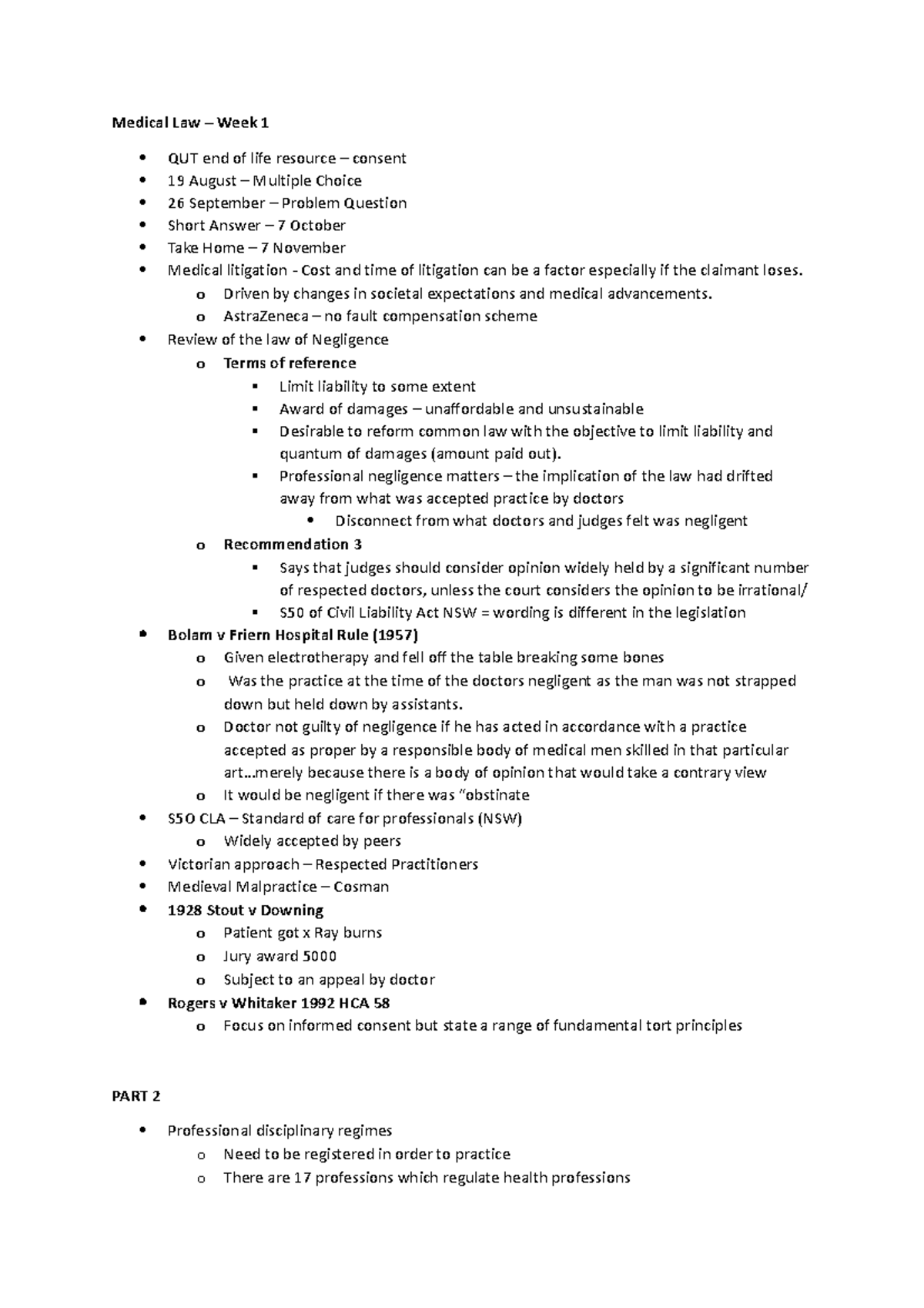 Medical Law - Week 1 Lecture Notes and Key Concepts Overview - Studocu