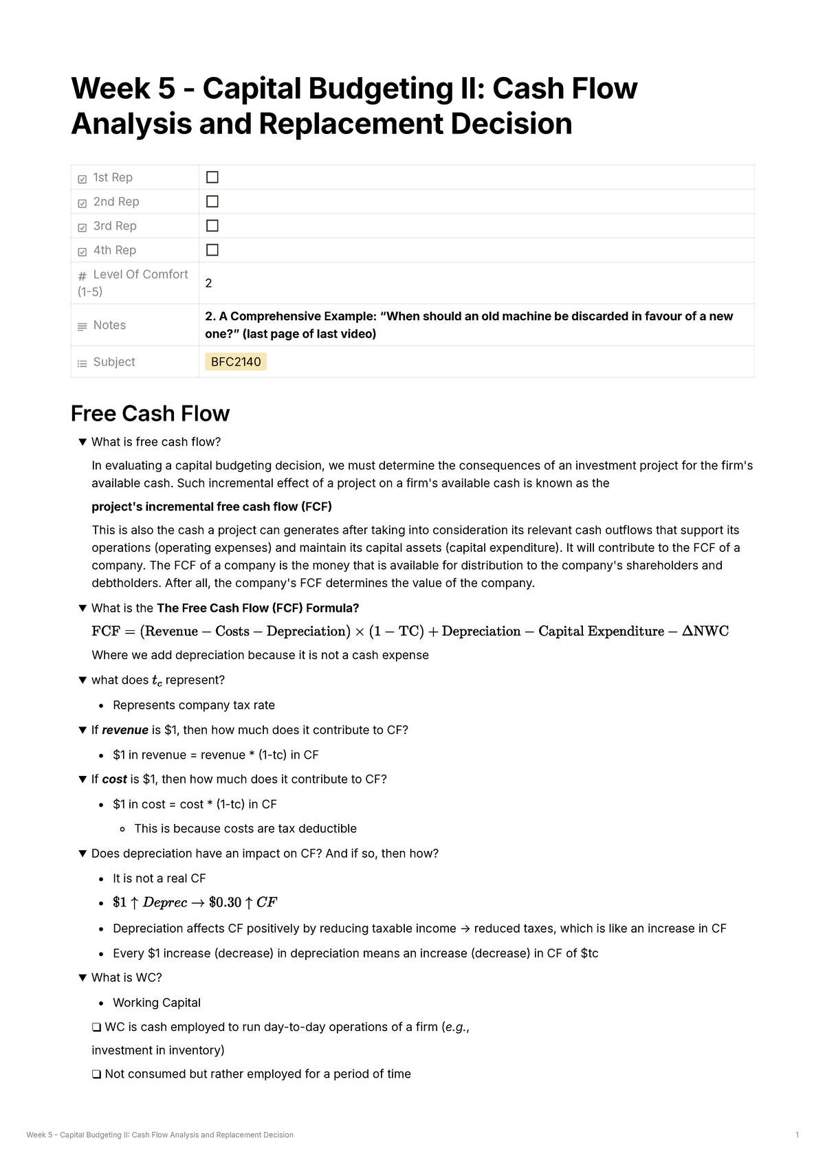BFC2140 Week 5 Notes: Capital Budgeting II & Cash Flow Analysis - Studocu