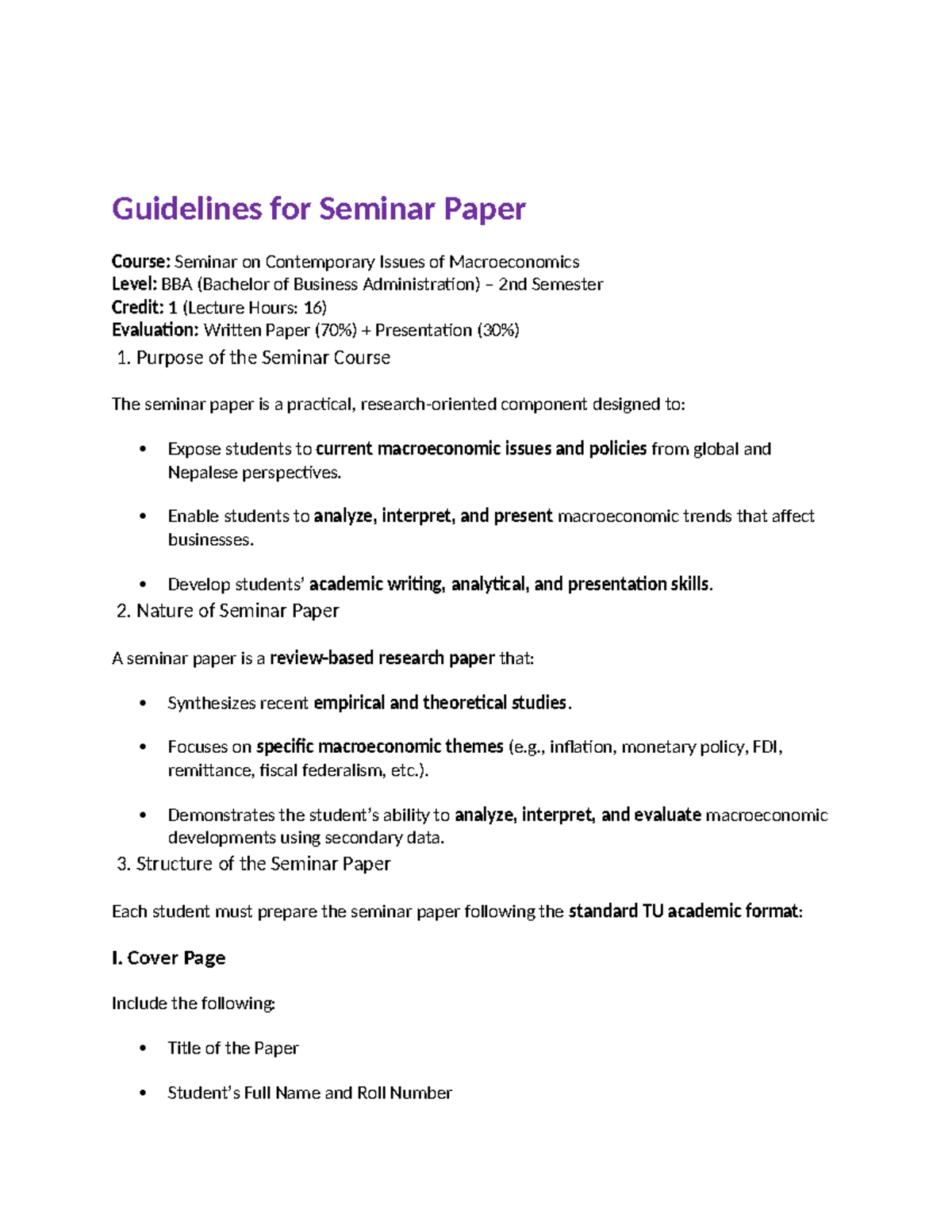 BBA 2nd Sem: Guidelines for Seminar Paper on Macroeconomics - Studocu