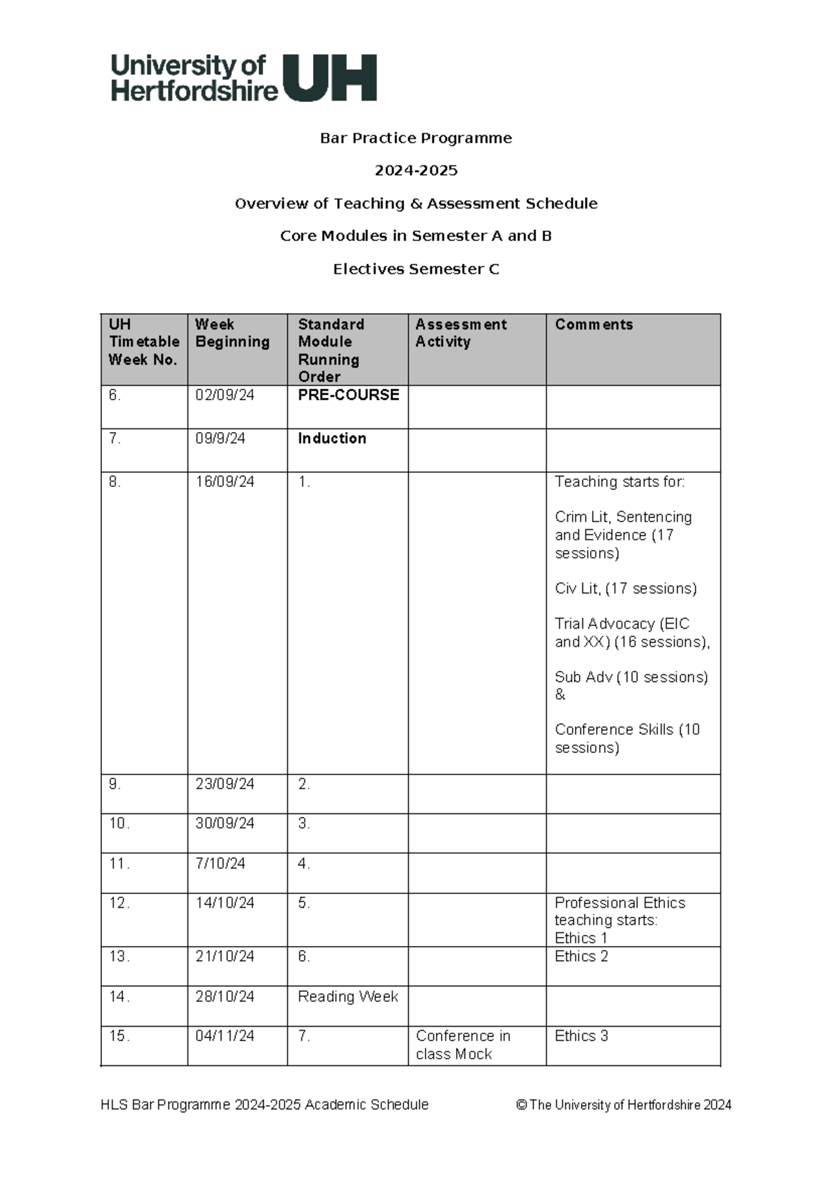HLS Bar Practice Programme Teaching & Assessment Schedule 2024-2025 ...
