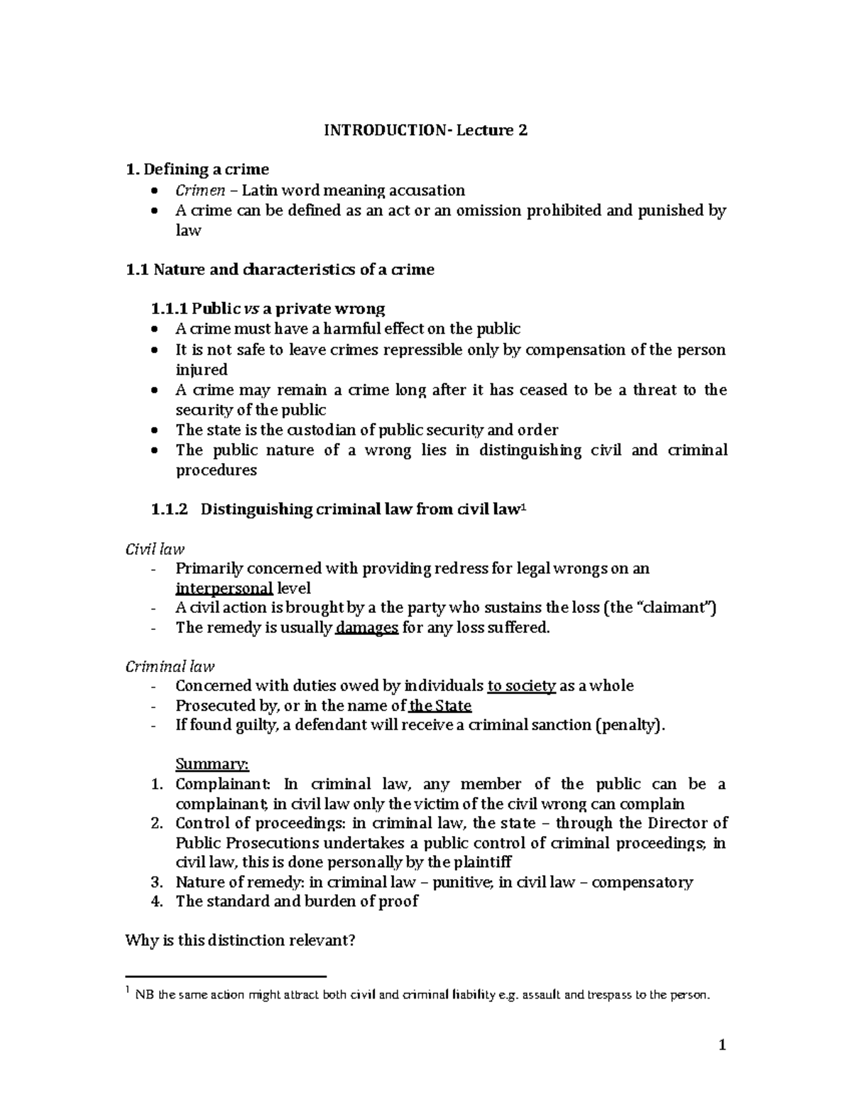 Criminal Law 1 Lecture Notes 2021: Defining Crime & Liability - Studocu