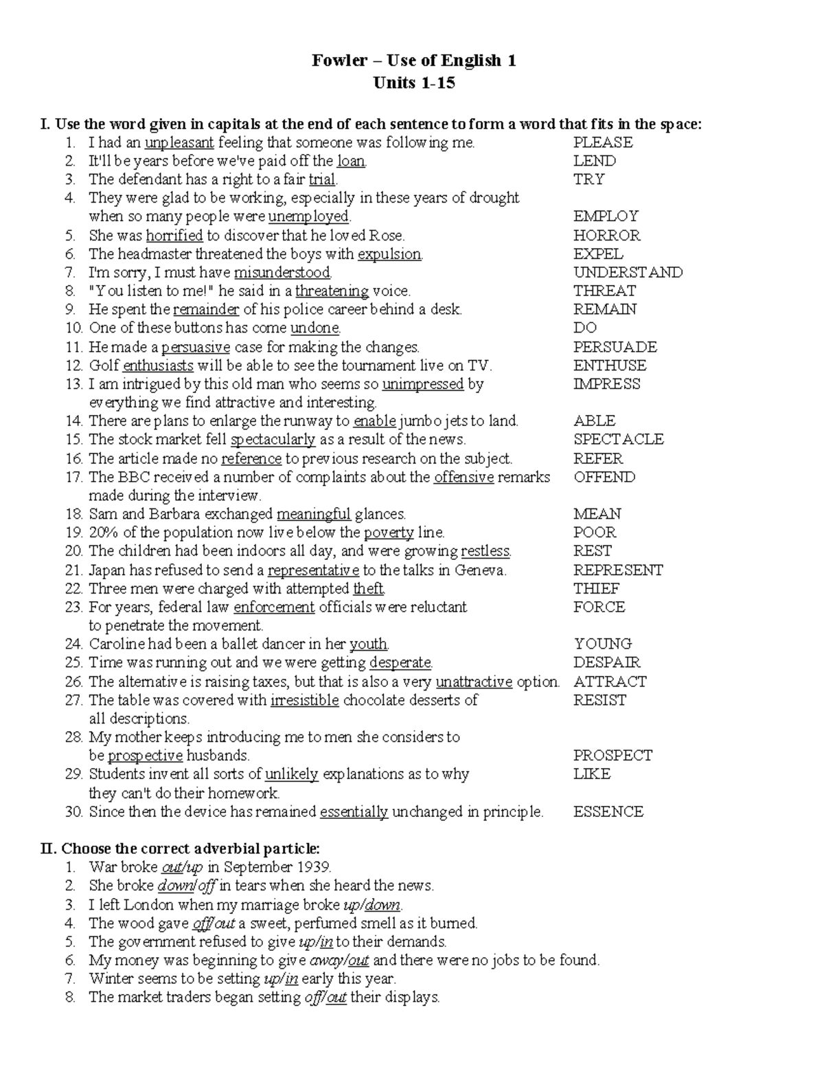 Fowler Use of English 1 Units I & II: Test Answers and Key - Studocu