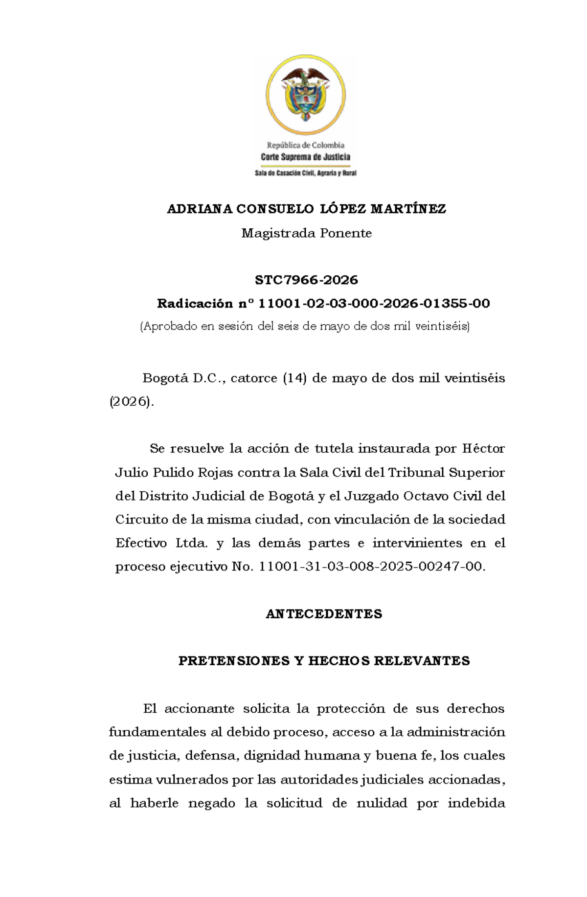 Acción de Tutela y Nulidad Procesal: Radicación No. 11001-02-03-000-2026-01355-0 - Document Preview