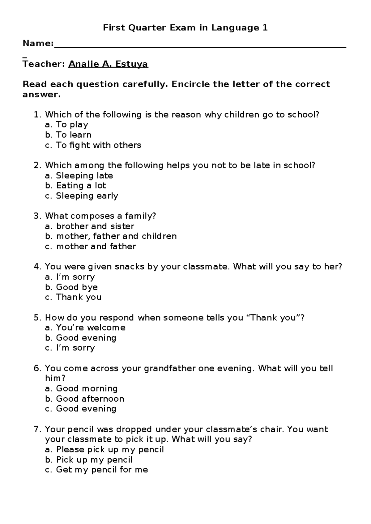 First Quarter Exam: Language 1 Questions & Answers - Document Preview