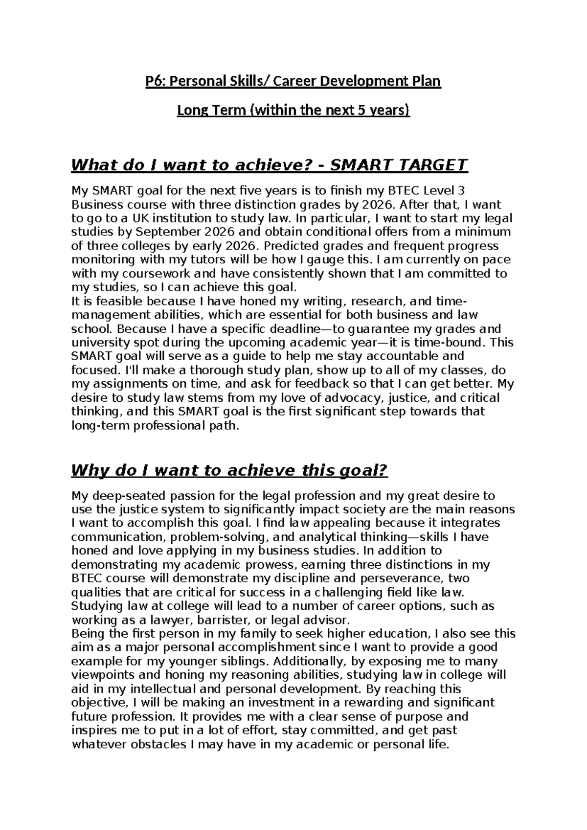 P6: Long-Term Personal Career Development Plan for Law Studies - Studocu