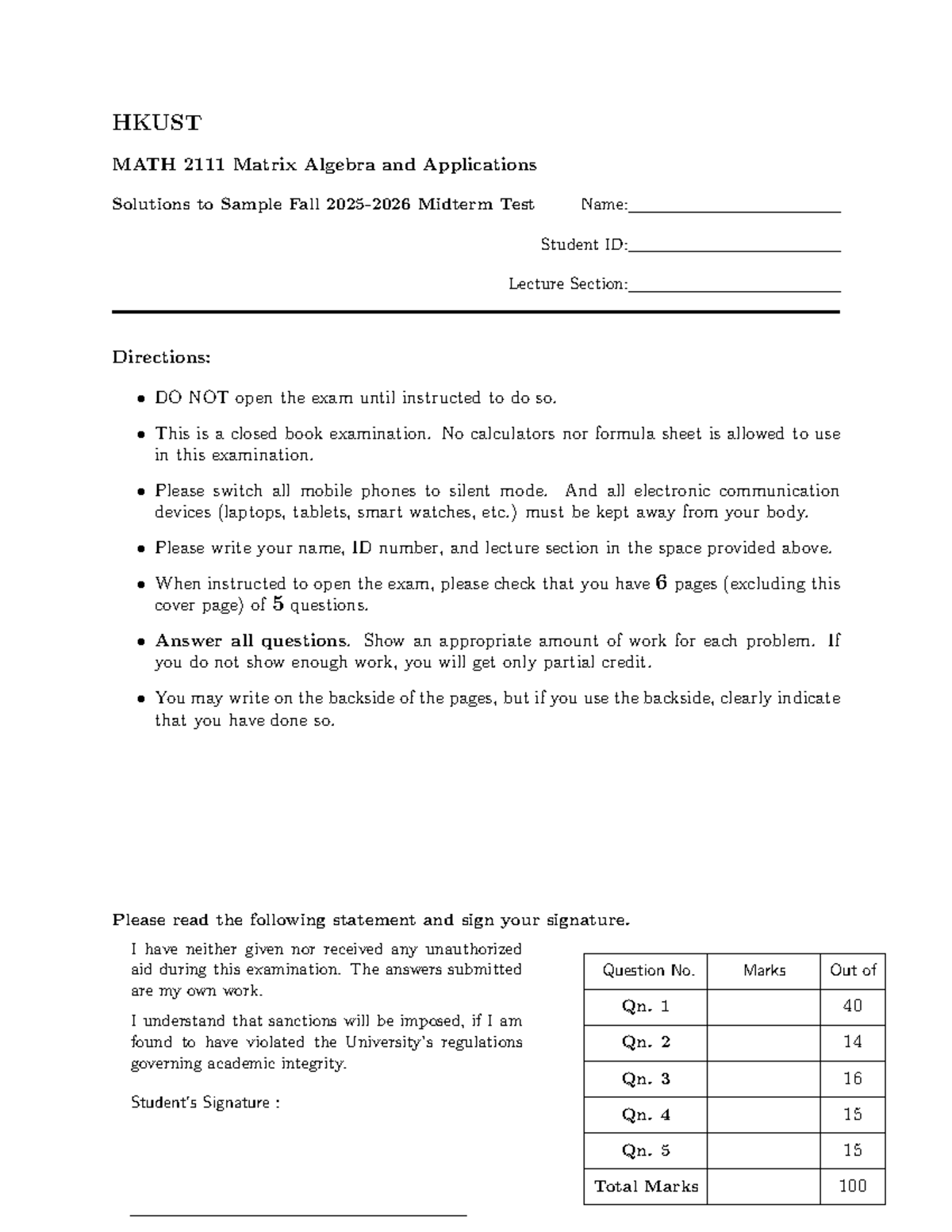 HKUST MATH Matrix Algebra & Applications Midterm Sample Solutions - Studocu