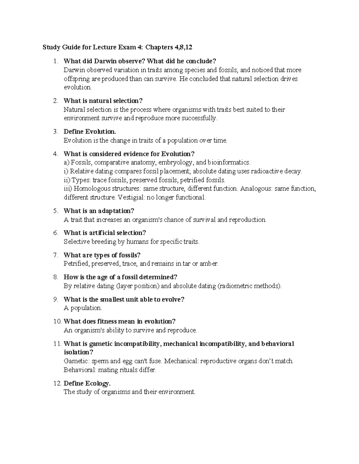 Final Exam Study Guide for SCI 213: Ecology and Evolution Concepts ...