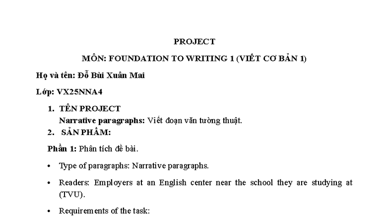 PROJECT: Narrative Paragraphs for Foundation to Writing 1 (VIẾT CƠ BẢN ...