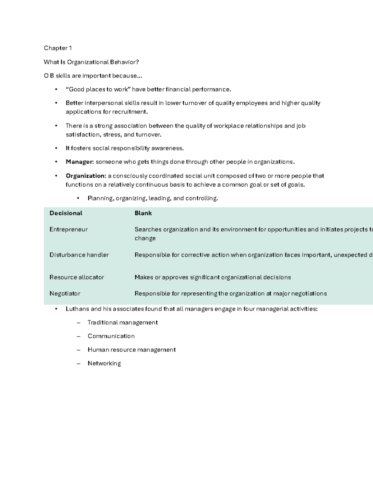 Chapter 1 notes - Chapter 1 What Is Organizational Behavior? O B skills ...