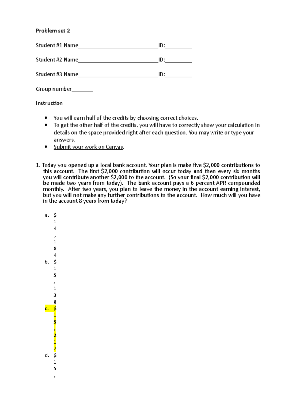 Problem Set 2: Fall Questions for Finance Course (FIN 101) - Studocu