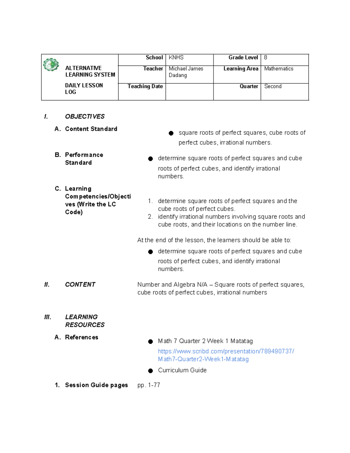 DLP 42: Daily Lesson Log on Square Roots & Cube Roots in Math 8 - Studocu