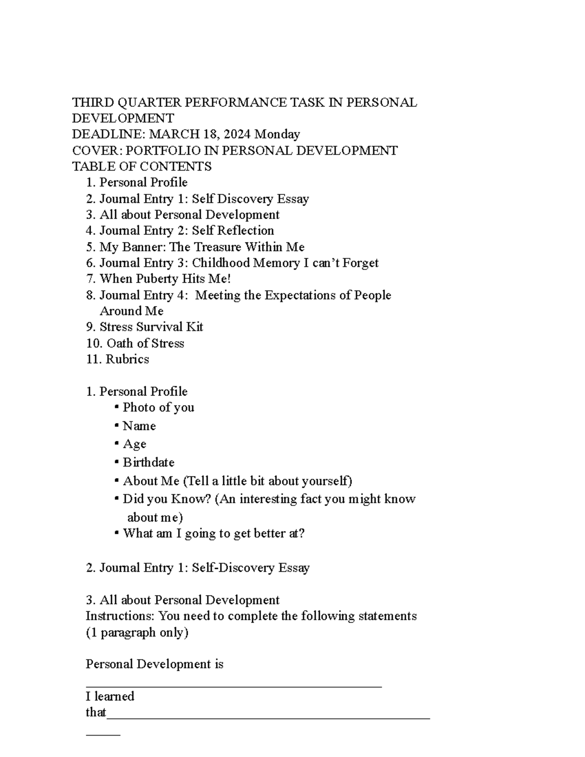 Personal Development Portfolio Performance Task (PD 3Q) - Studocu