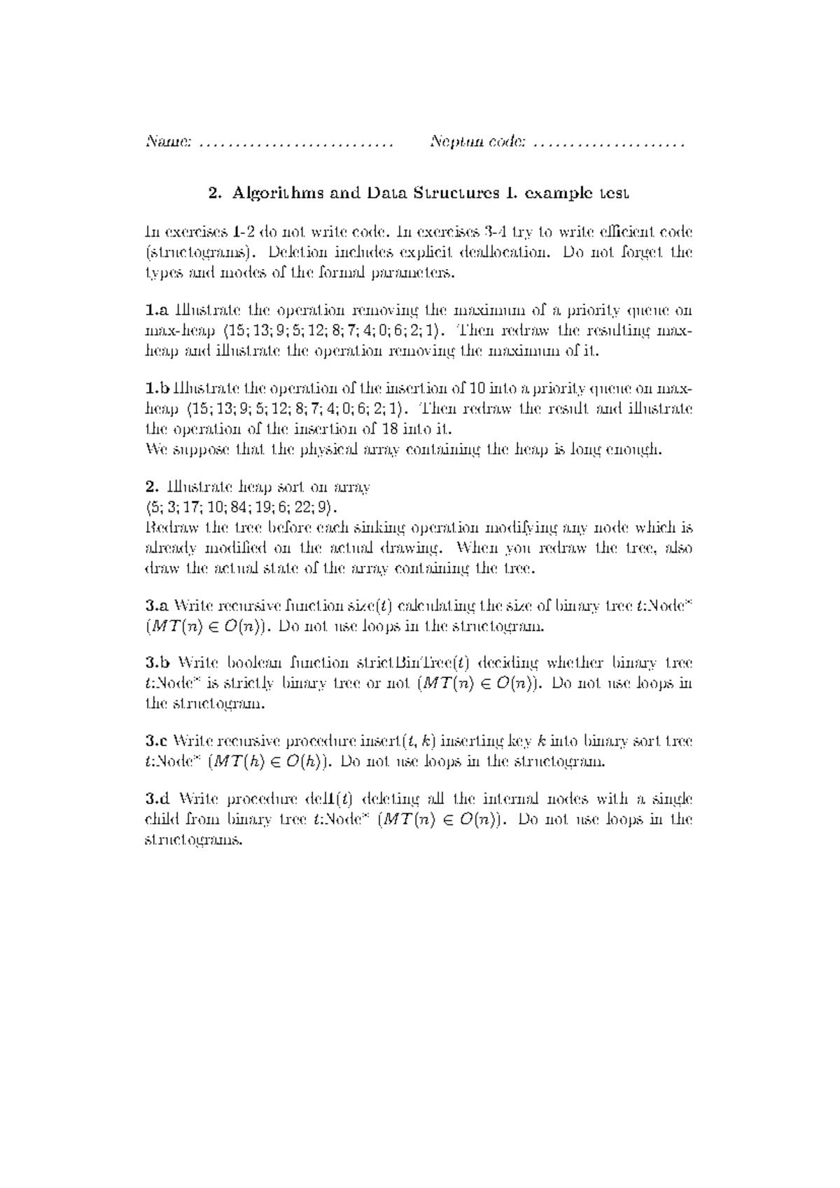 Alg DS 1 Example Test 2 - Practice Questions for Algorithms & Data ...