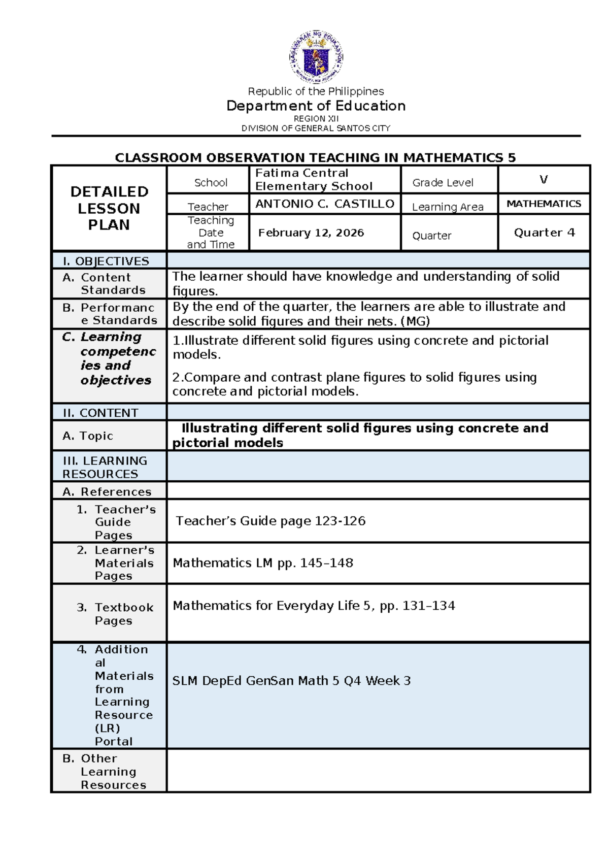 DLP MATH5 Q4 W3: Detailed Lesson Plan on Solid Figures - Studocu