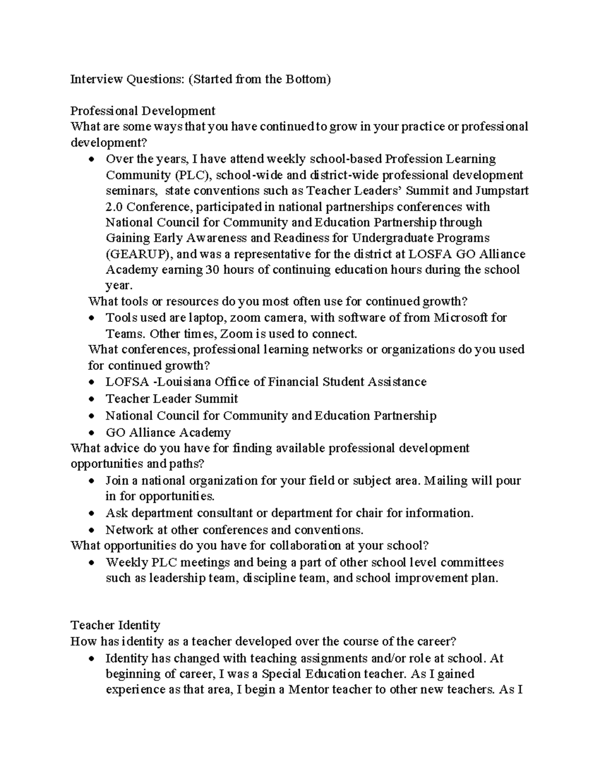 Professional Development Interview Questions for Educators - Studocu