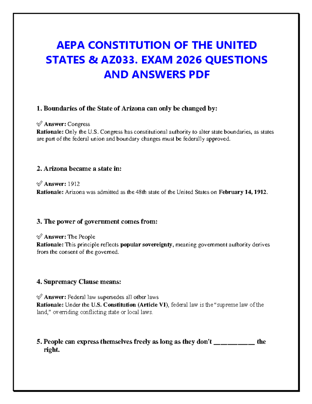 AEPA AZ033 U.S. Constitution Exam 2026: Questions & Answers PDF - Studocu
