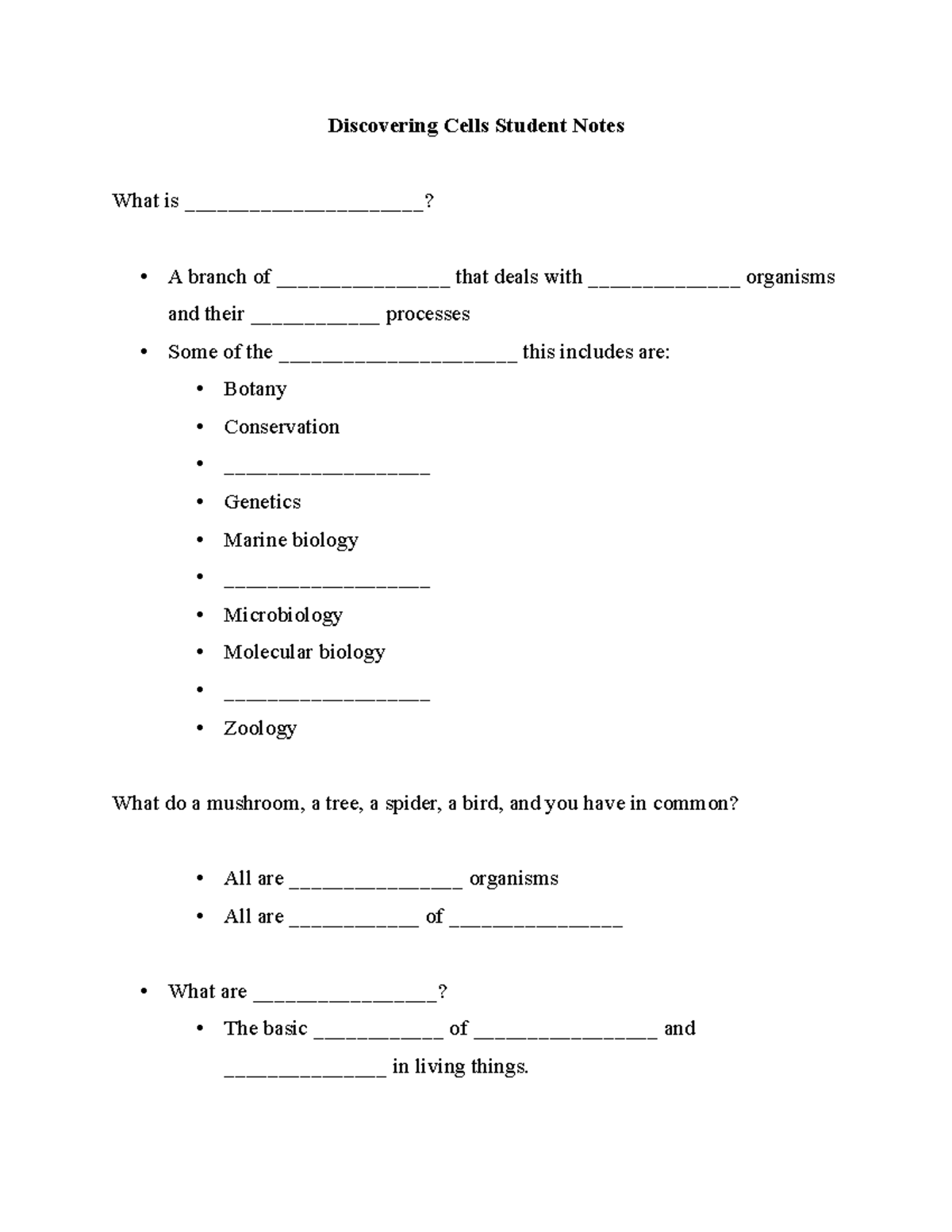 Discovering Cells Student Notes - Cells and ...