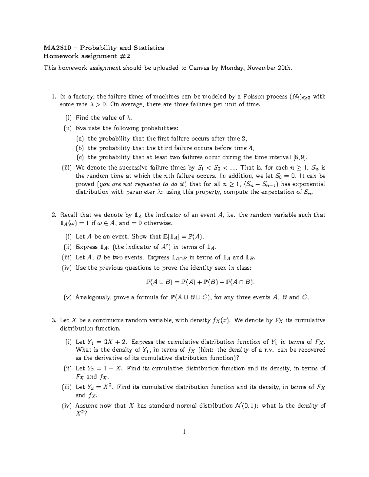 Homework 2 - MA2510 – Probability and Statistics Homework assignment ...