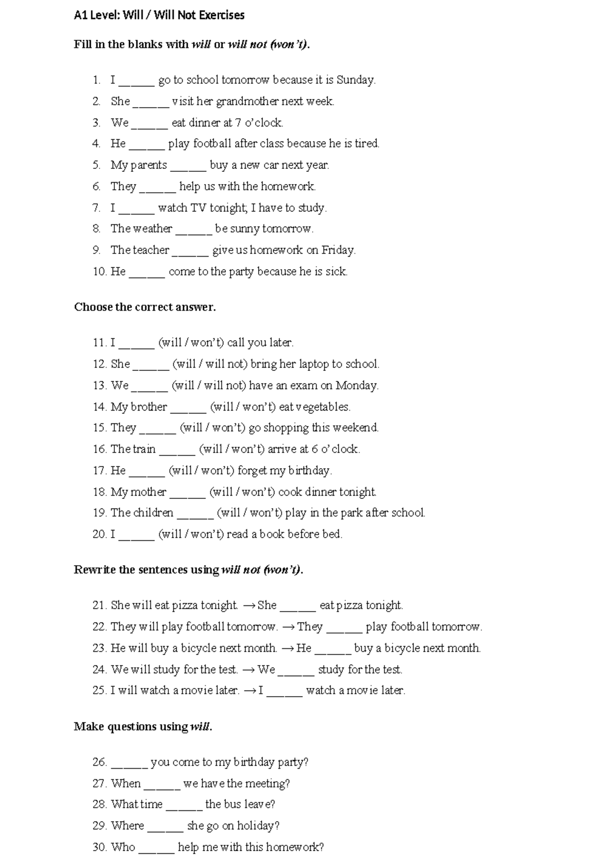 A1 Level: Will vs. Will Not Exercises for Beginners - Studocu