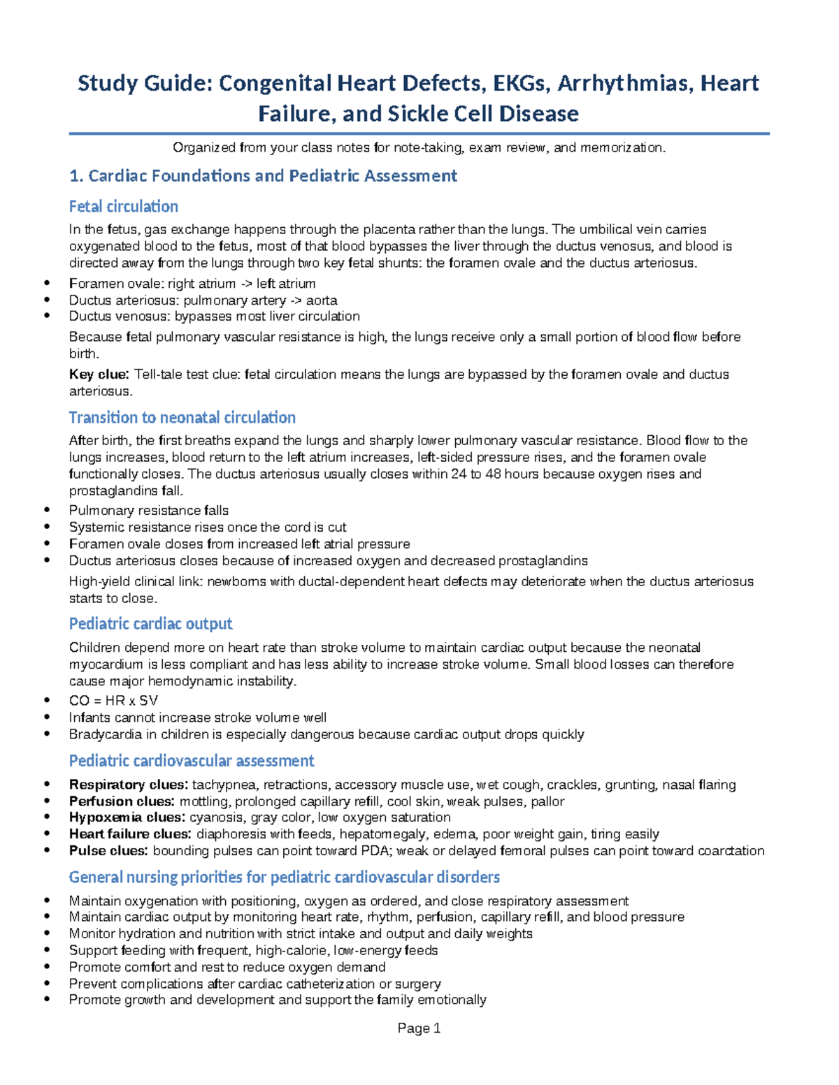 Pediatric Cardiac & Sickle Cell Study Guide: Key Concepts for Exam ...