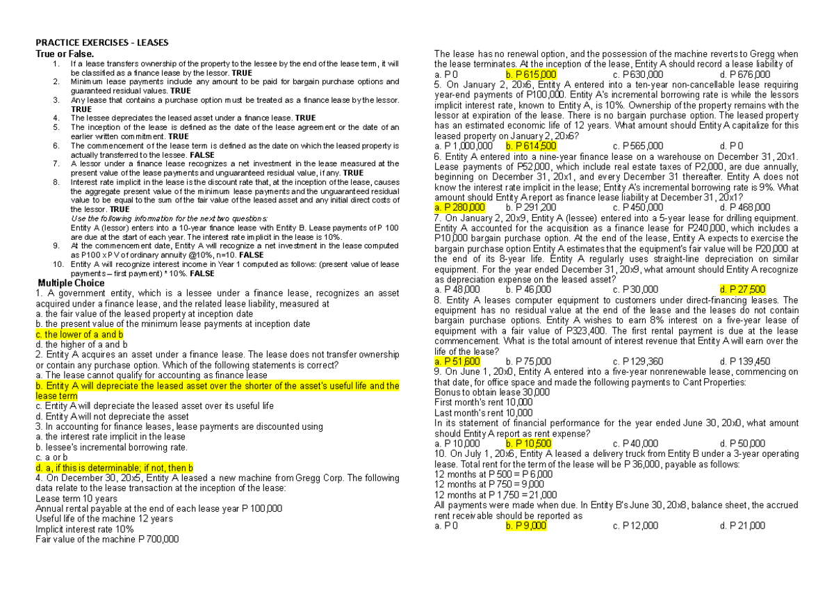 Leases - Practice Exercises & True/False Questions Notes - Studocu